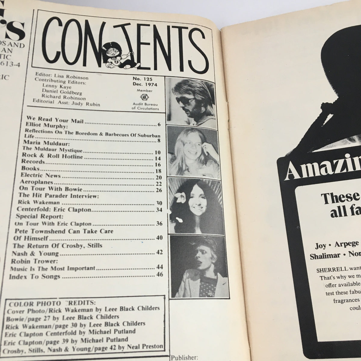 Contents page of Hit Parader Magazine December 1974 featuring articles about iconic rock artists like Rick Wakeman and Eric Clapton.