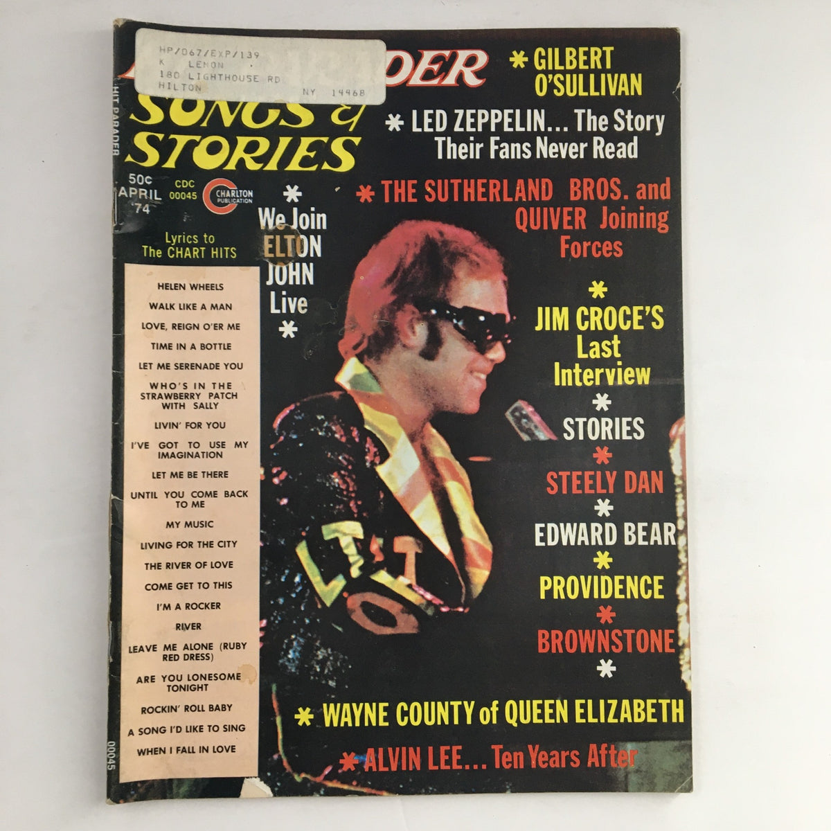 Cover of Hit Parader Songs & Stories April 1974 featuring Elton John, Gilber O'Sullivan, and Jim Croce, showcasing music history and featured articles.