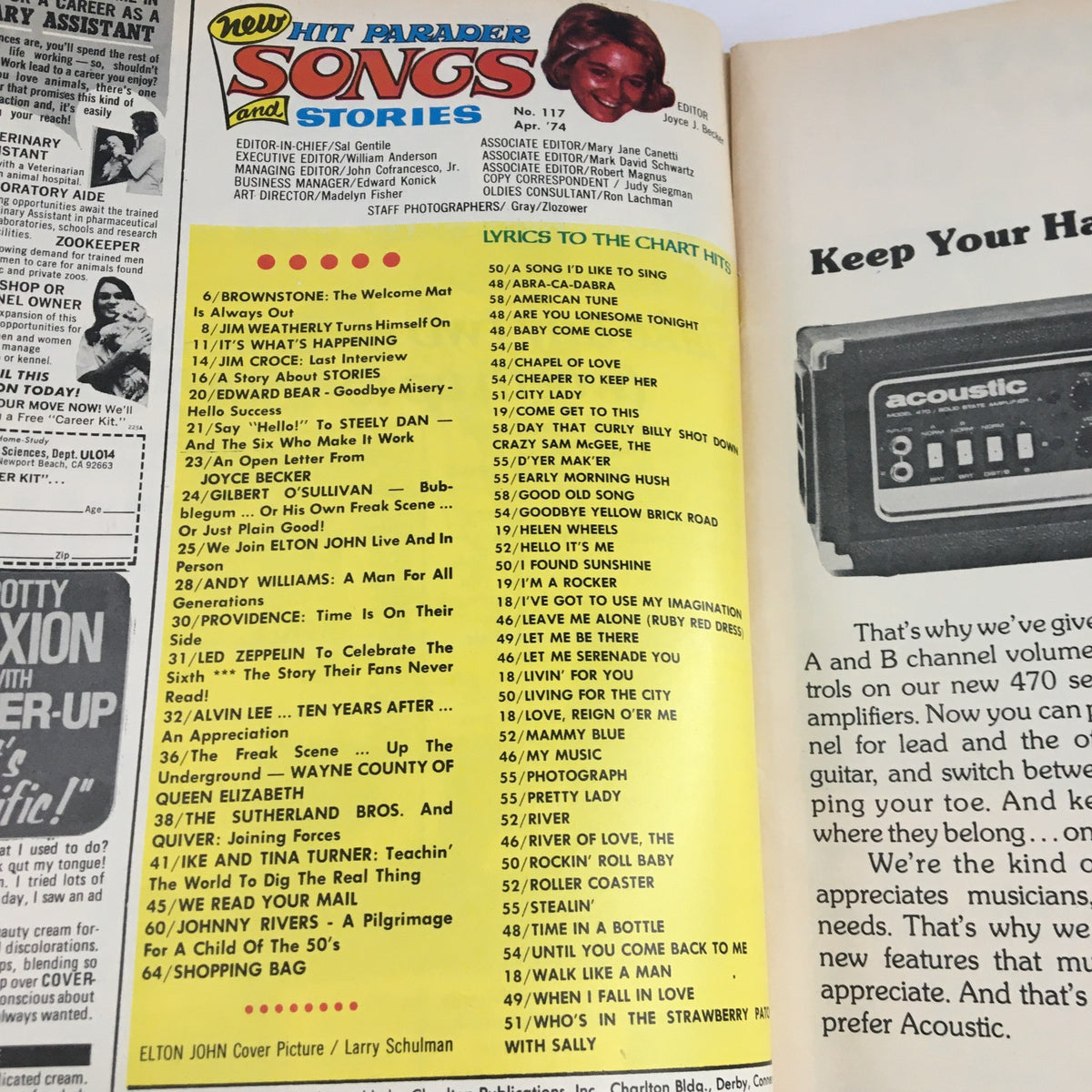 Inside page of Hit Parader Songs & Stories April 1974 displaying the lyrics chart with various song titles and featured artists.