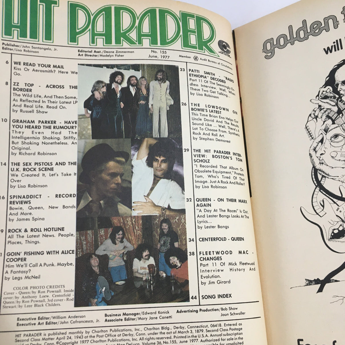 Inside layout of Hit Parader Magazine June 1977, featuring articles and images of Queen, with Freddie Mercury highlighted, reflecting the music culture of the 1970s.