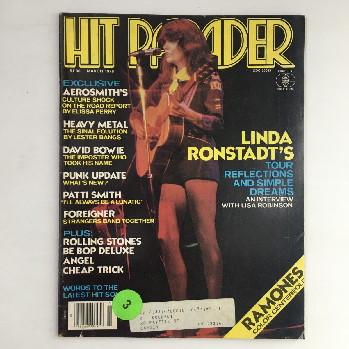 Hit Parader Magazine March 1978 featuring Linda Ronstadt on the cover, showcasing her performance along with headlines about Aerosmith, David Bowie, and Pattie Smith.