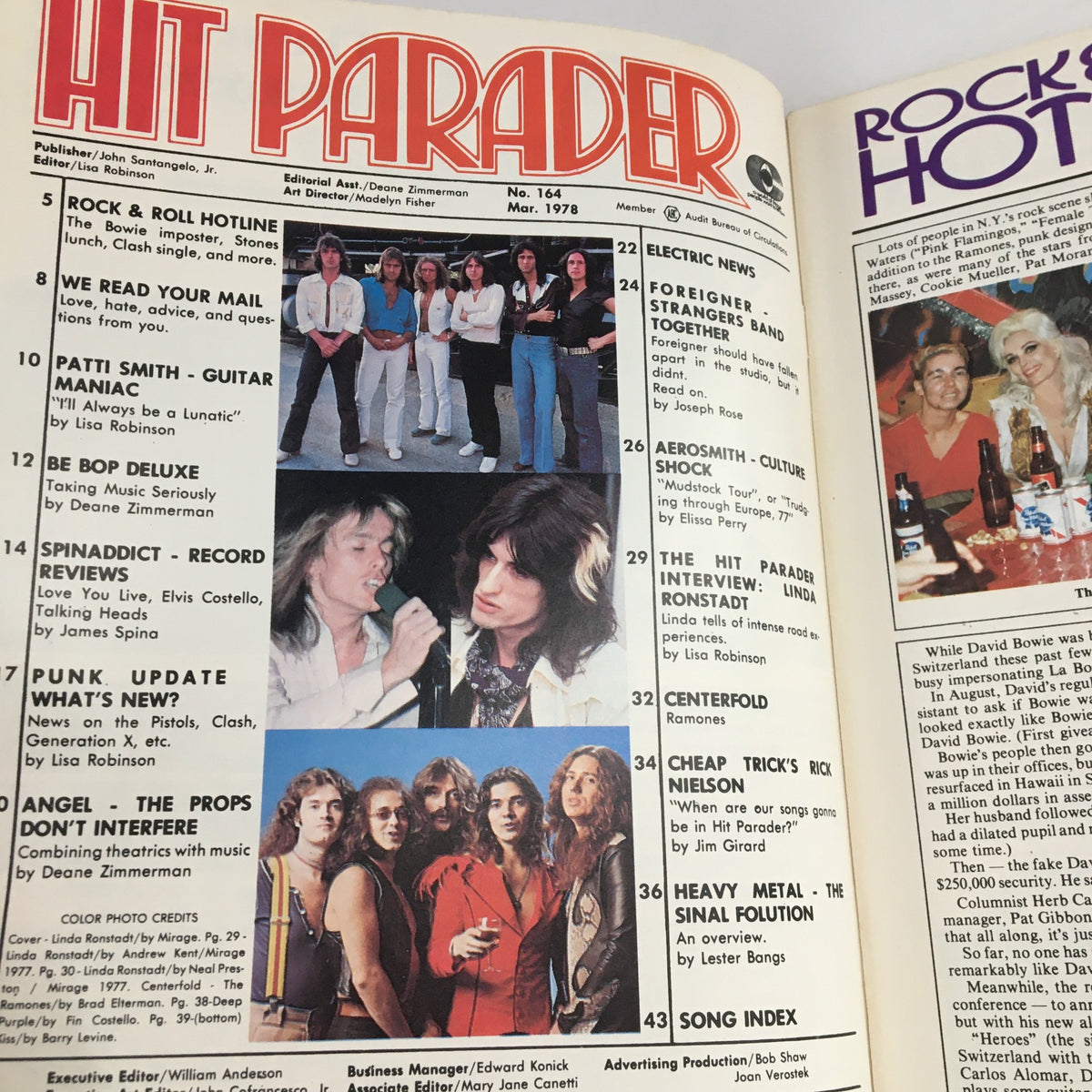 Interior page of Hit Parader Magazine March 1978 displaying articles and photographs of notable artists including Aerosmith, Patti Smith, and other highlights of the music scene.