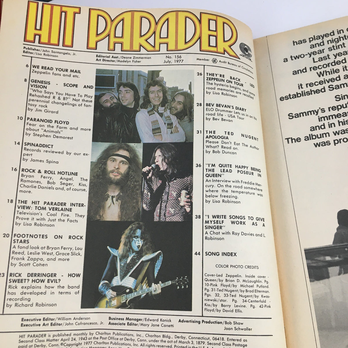 Inside pages of Hit Parader Magazine July 1977 showing articles and photographs of rock bands including Led Zeppelin, Genesis, and Ted Nugent.