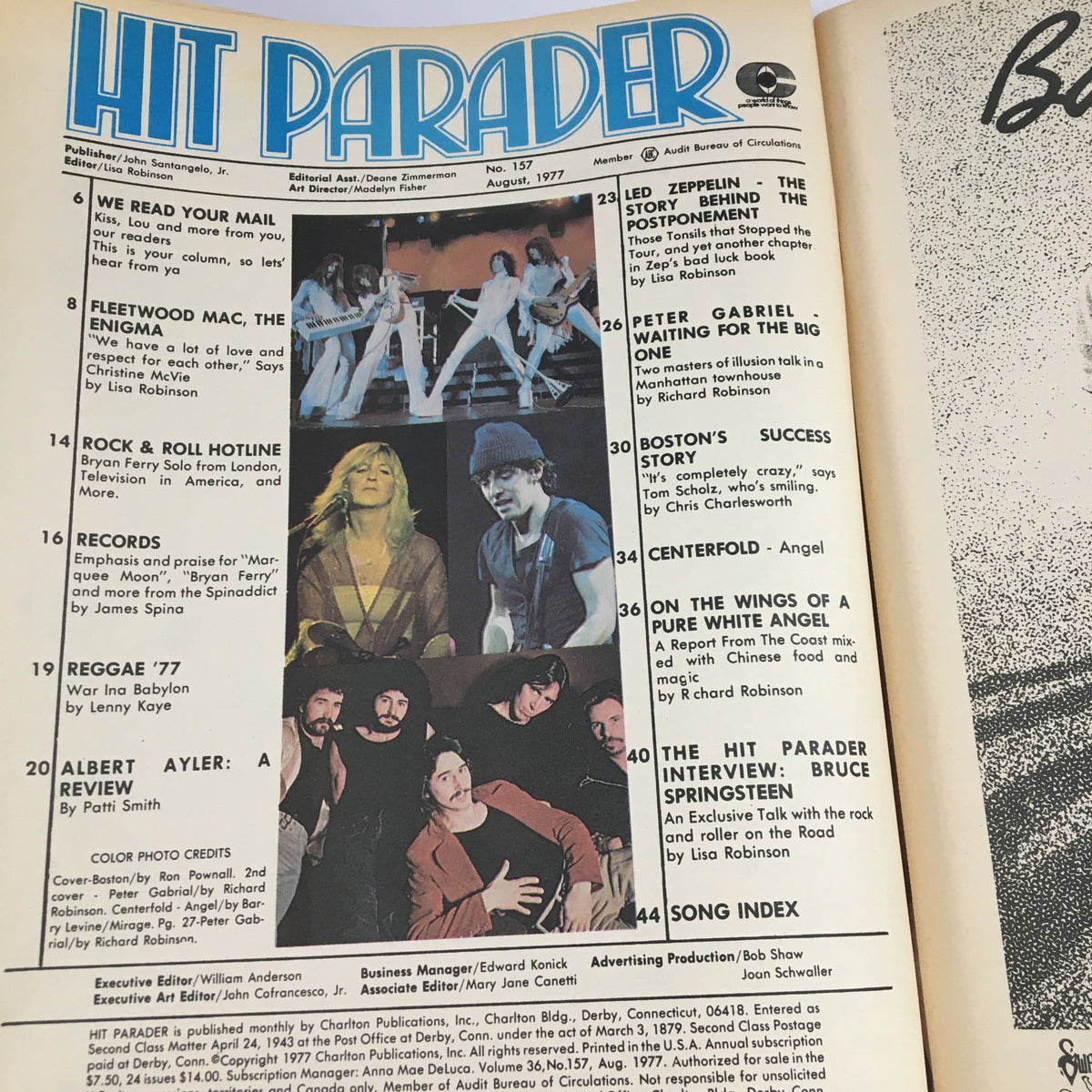 Inside page of Hit Parader Magazine August 1977 displaying content layout with articles on Fleetwood Mac, Led Zeppelin, Peter Gabriel, and Bruce Springsteen, reflecting the vibrant music culture of the late 70s.