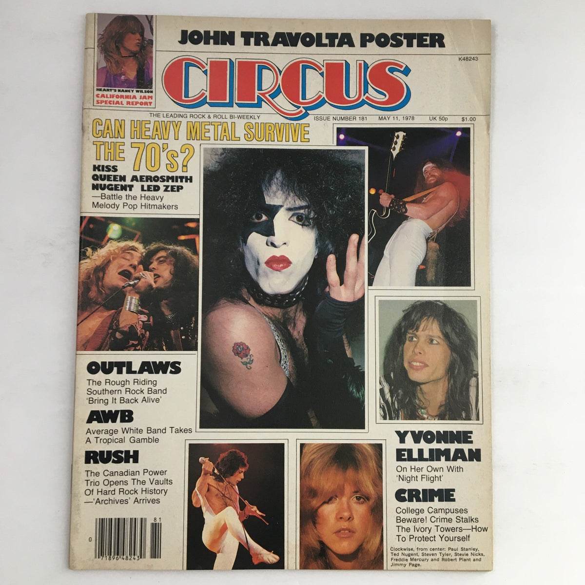 Cover of Circus Magazine dated May 11, 1978, featuring John Travolta, Yvonne Elliman, and Freddie Mercury with a headline on heavy metal music.