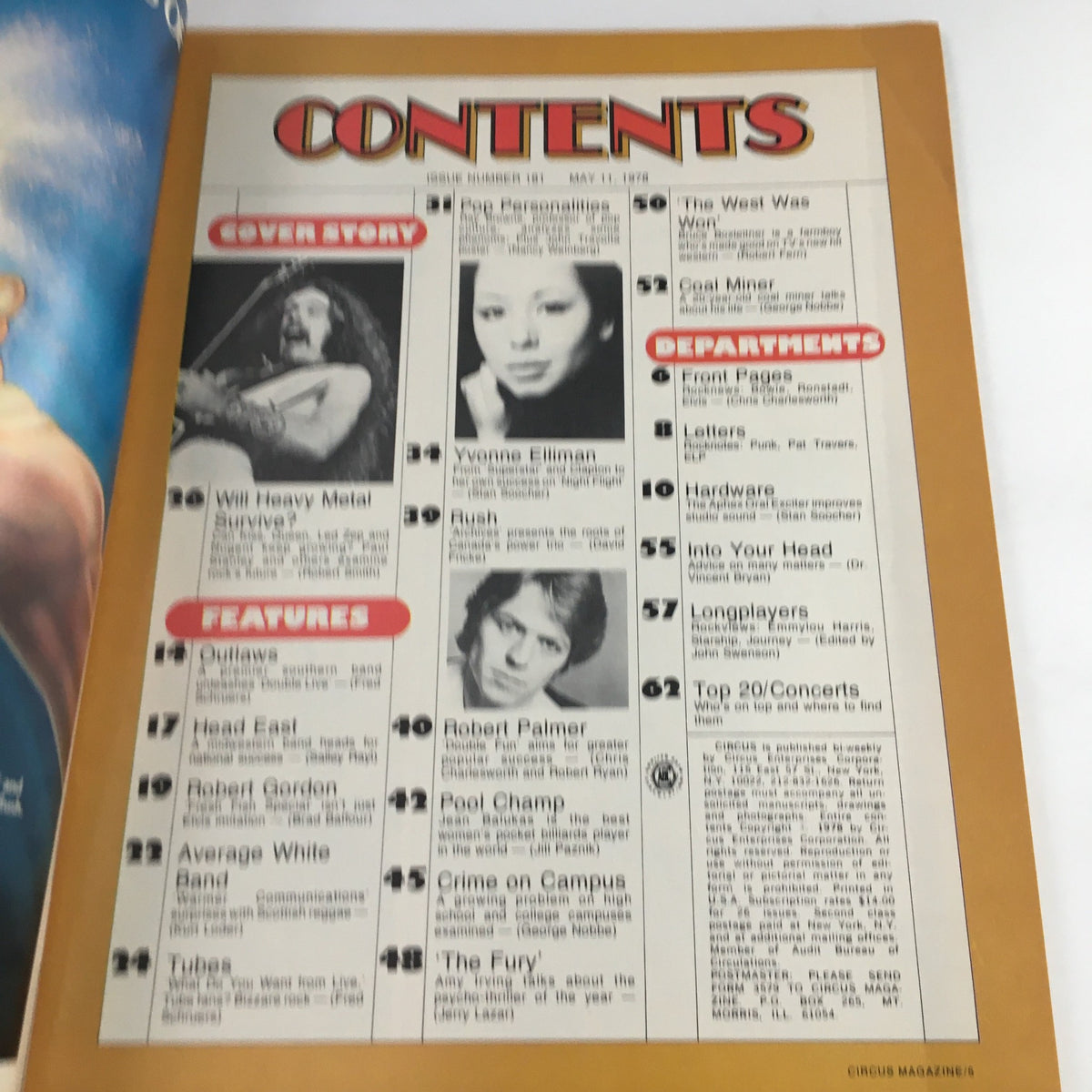 Contents page of Circus Magazine dated May 11, 1978, listing articles about Yvonne Elliman, Rush, and other features.