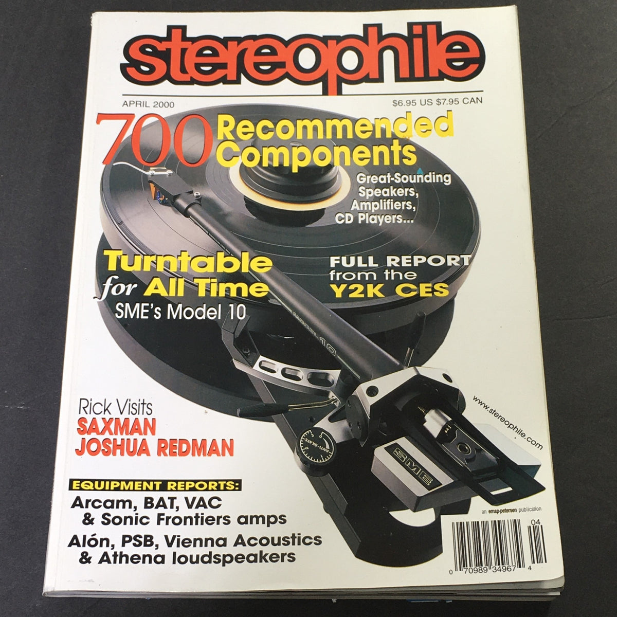 Cover of Stereophile Magazine April 2000 showcasing the SME Model 10 Turntable and featuring jazz saxophonist Joshua Redman