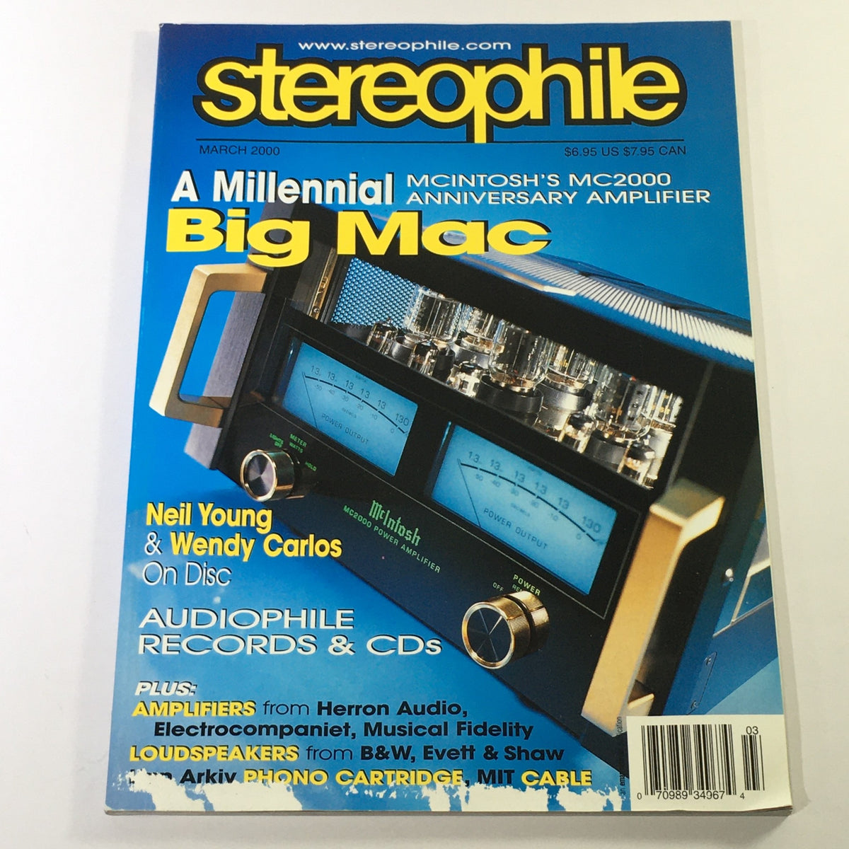 Stereophile Magazine March 2000 cover featuring Neil Young and Wendy Carlos, showcasing a McIntosh amplifier and highlighting audiophile records and CDs.