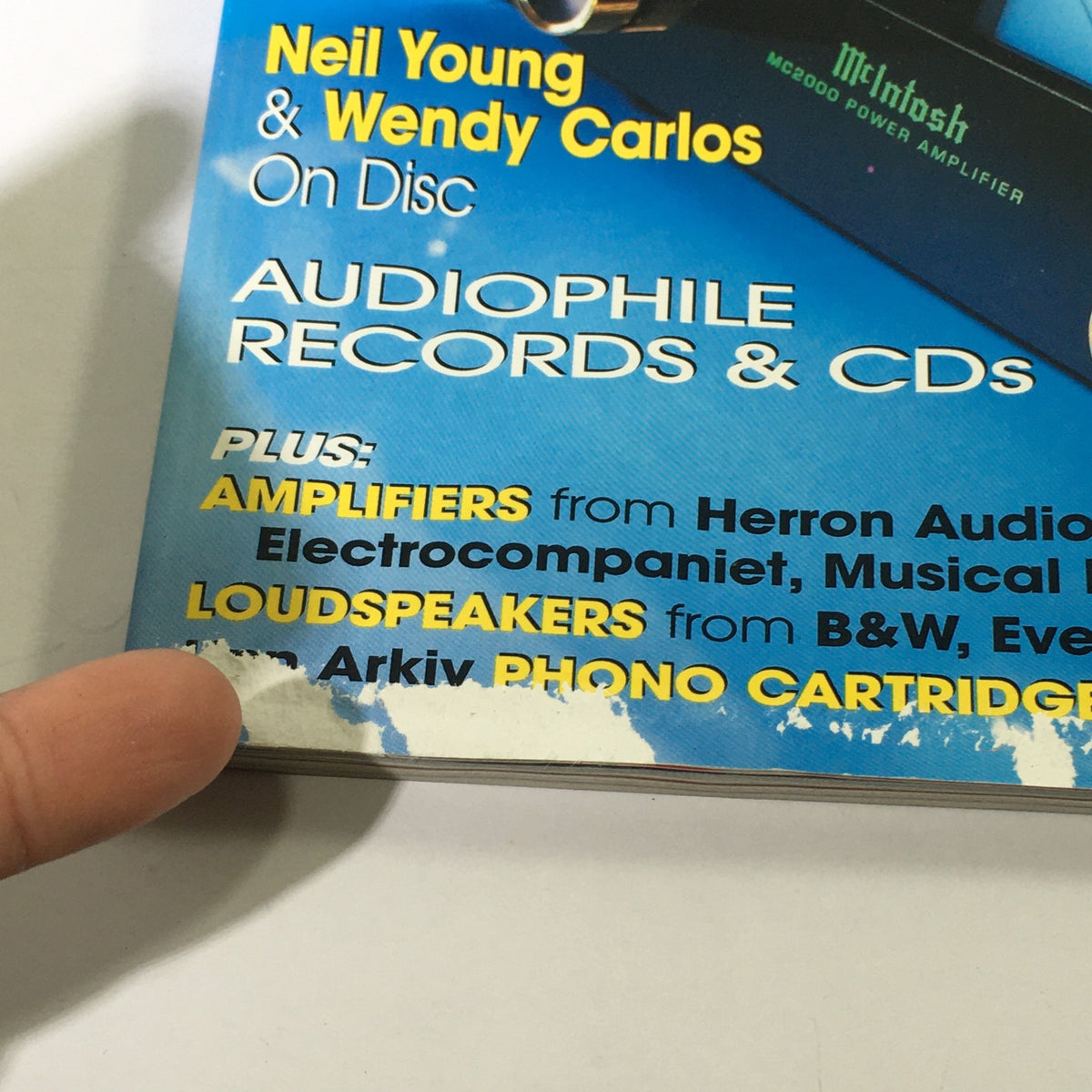 Close-up of Stereophile Magazine March 2000 cover with details on Neil Young and Wendy Carlos, featuring audio equipment information including amplifiers and loudspeakers.