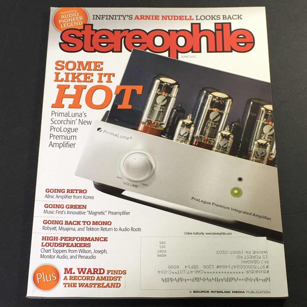 Stereophile Magazine June 2012 featuring the PrimaLuna ProLogue Premium Amplifier on the cover, highlighting high-fidelity audio equipment and vintage audio culture.