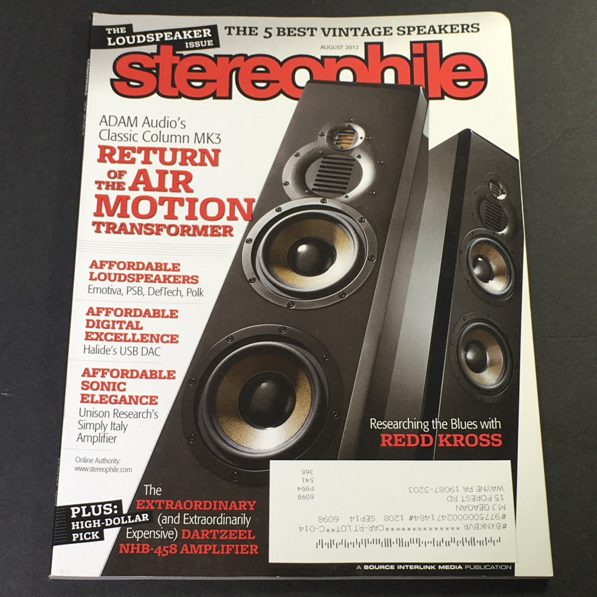Stereophile Magazine August 2012 featuring Adam Audio Column MK3 and Redd Kross Blues on the cover, highlighting vintage audio culture.