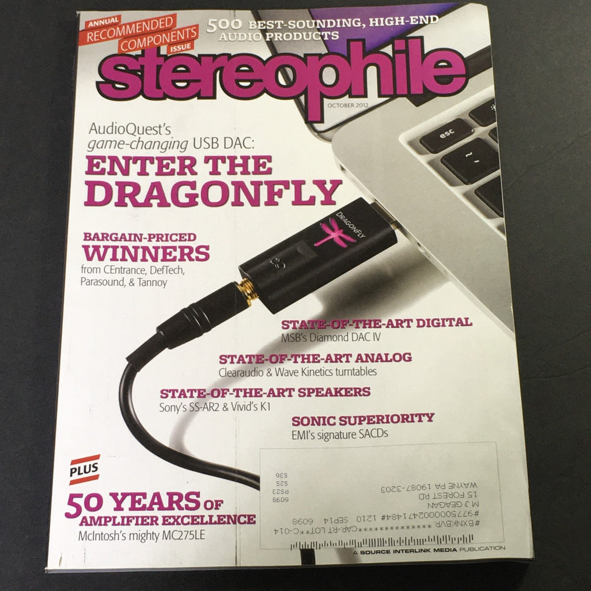 Cover of Stereophile Magazine October 2012 showcasing the AudioQuest Dragonfly and features on Sony SS-AR2 Vivid K1, highlighting high-end audio products.
