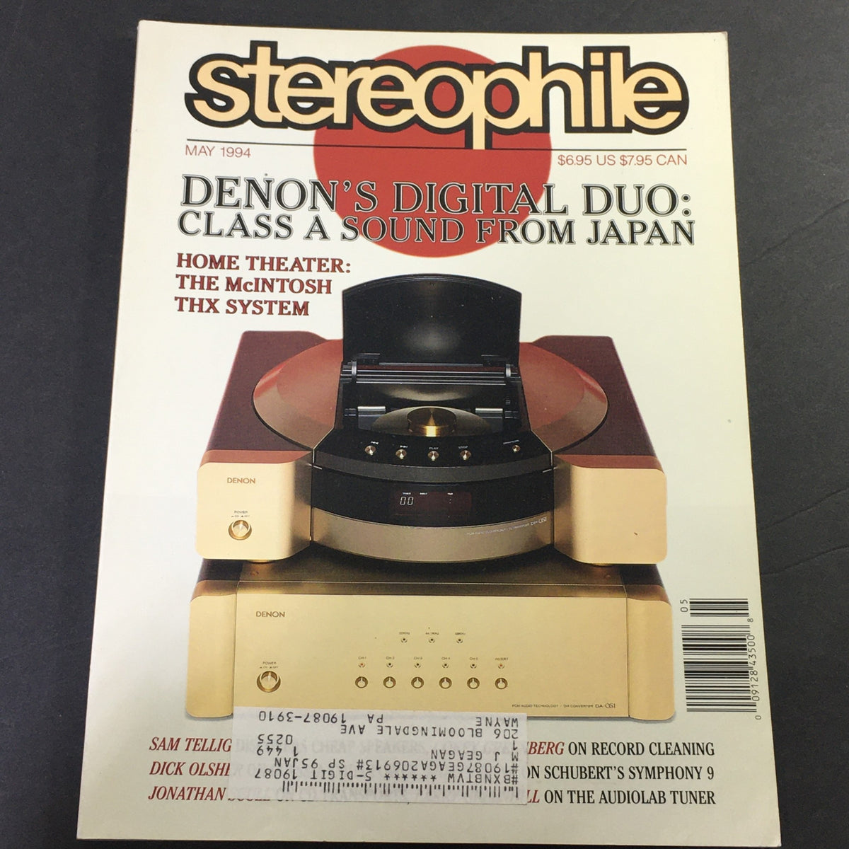 Cover of Stereophile Magazine May 1994 featuring Denon's Digital Duo and McIntosh System, showcasing vintage audio equipment and technology advancements in home audio.