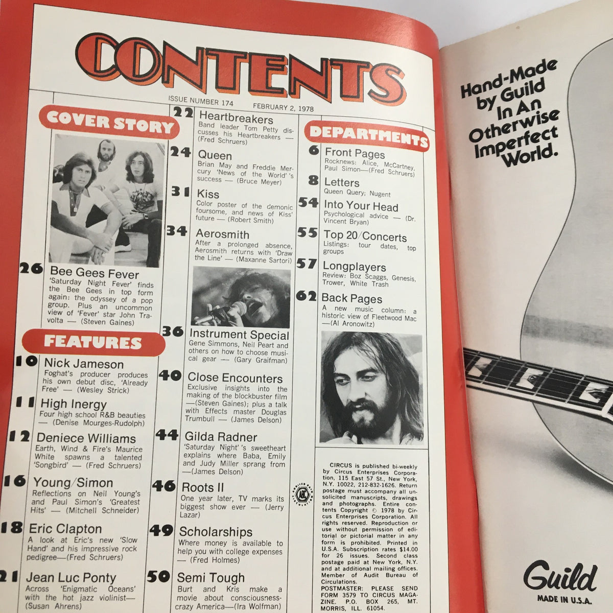 Circus Magazine February 2 1978 contents page, highlighting features on The Bee Gees, Aerosmith, and Queen among other artists.