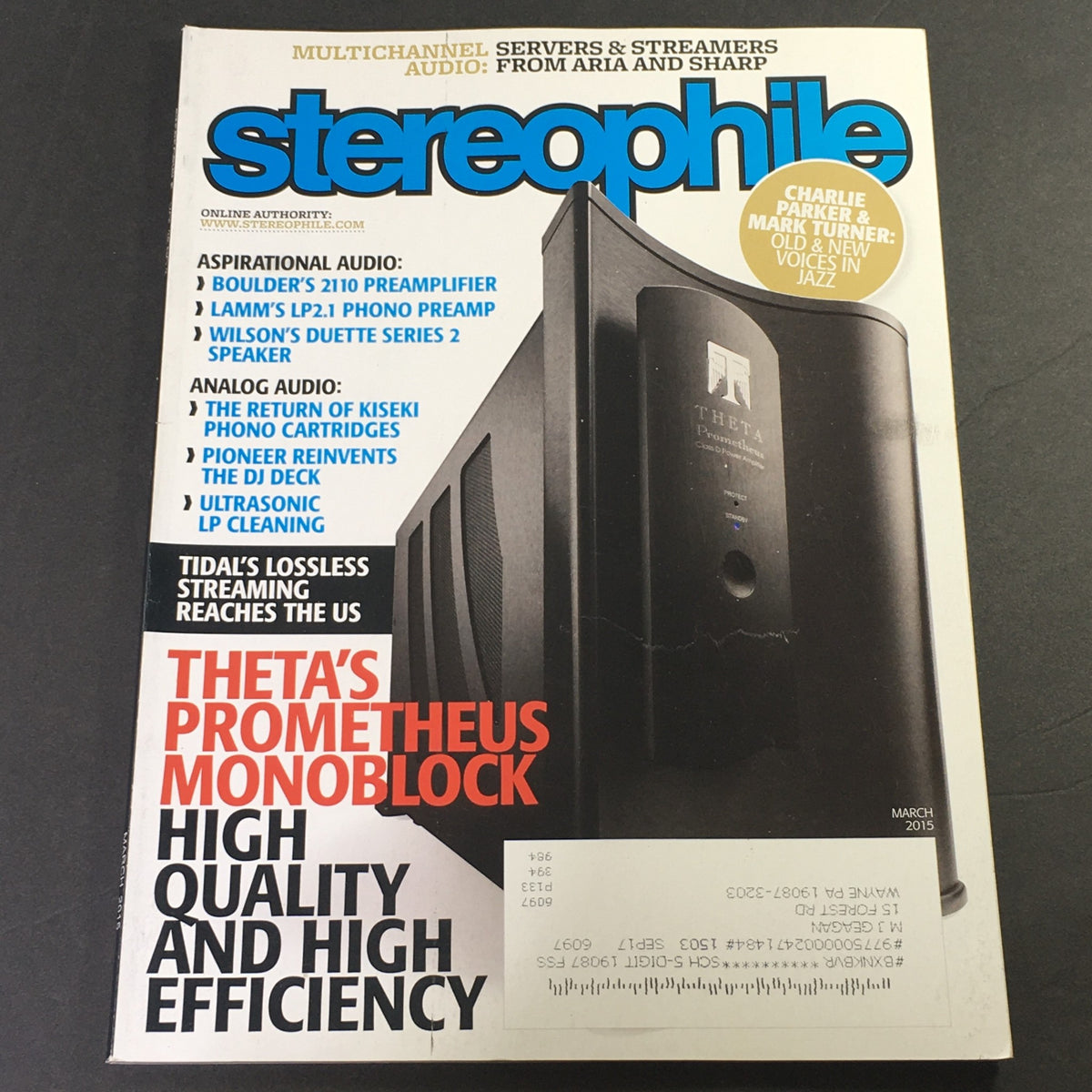 Cover of Stereophile Magazine March 2015 featuring Theta Prometheus Monoblock and Kiseki Cartridges, highlighting high-quality audio equipment and reviews.