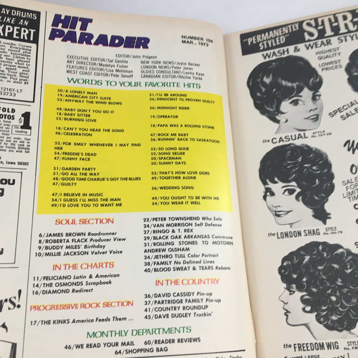 Inside page of Hit Parader Magazine March 1973 displaying the chart of favorite hits and music sections, highlighting popular artists of the era.