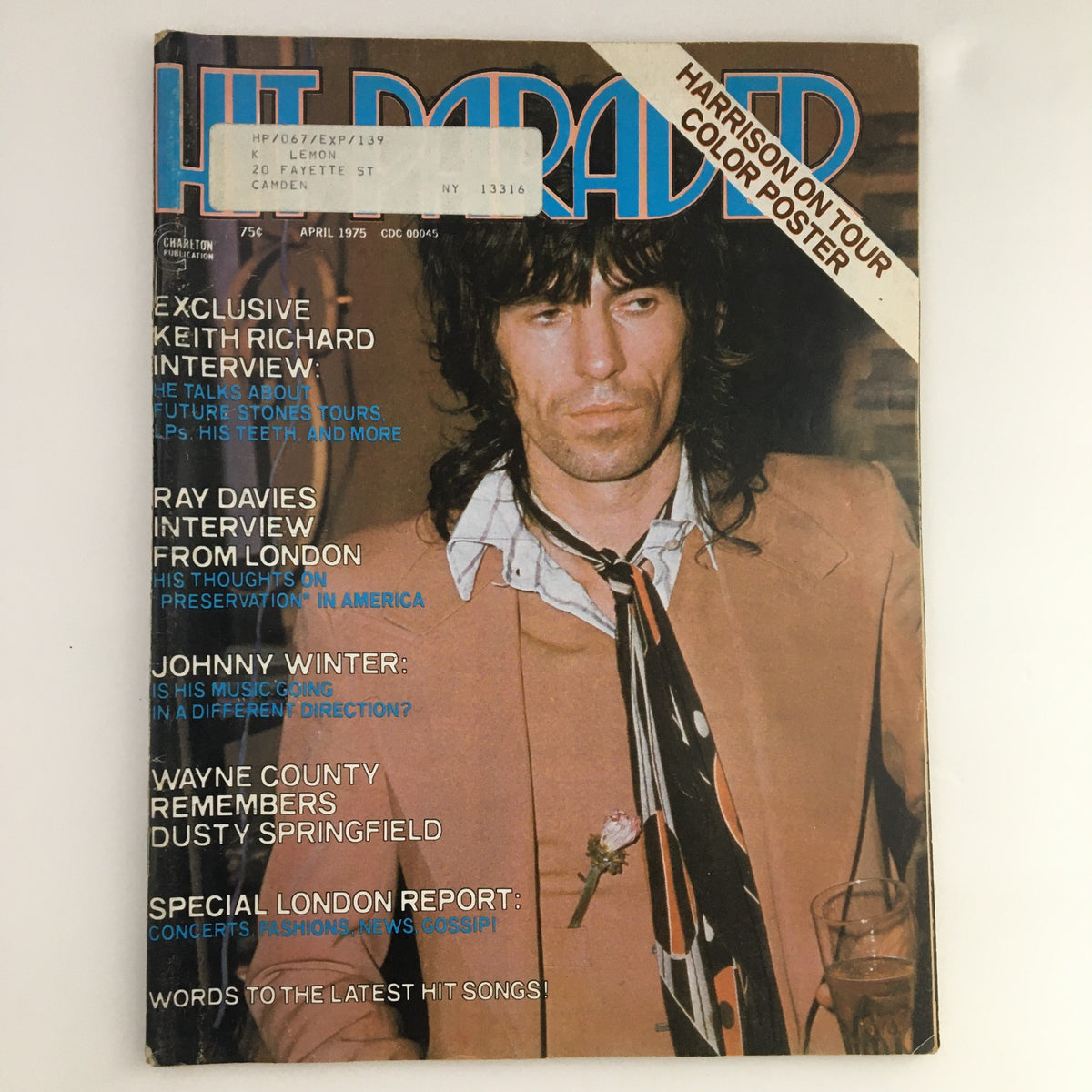 Hit Parader Magazine April 1975 cover featuring Keith Richard, with articles about Ray Davies and Johnny Winter, showcasing iconic rock music culture.