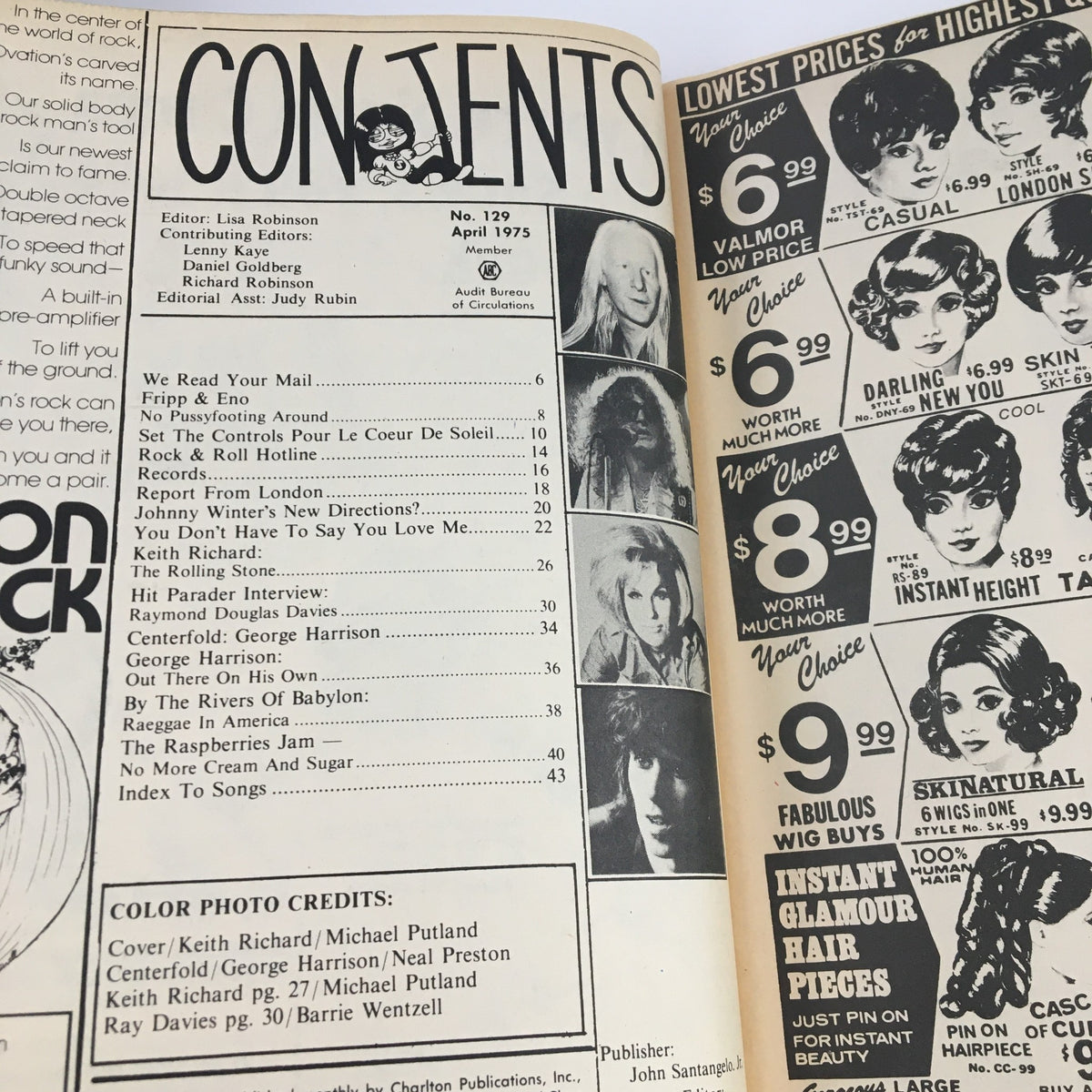 Contents page of Hit Parader Magazine April 1975 listing articles on music legends including Keith Richard, Johnny Winter, and Ray Davies, highlighting the vintage rock scene.