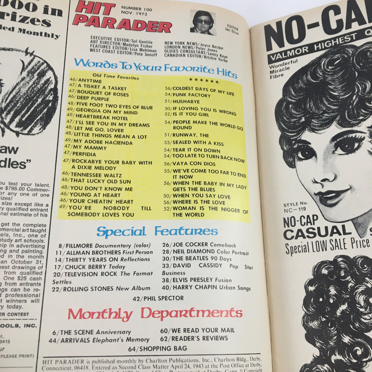 Inside pages of Hit Parader Magazine November 1972 displaying song titles and special features, including notable artists like Joe Cocker and David Cassidy.