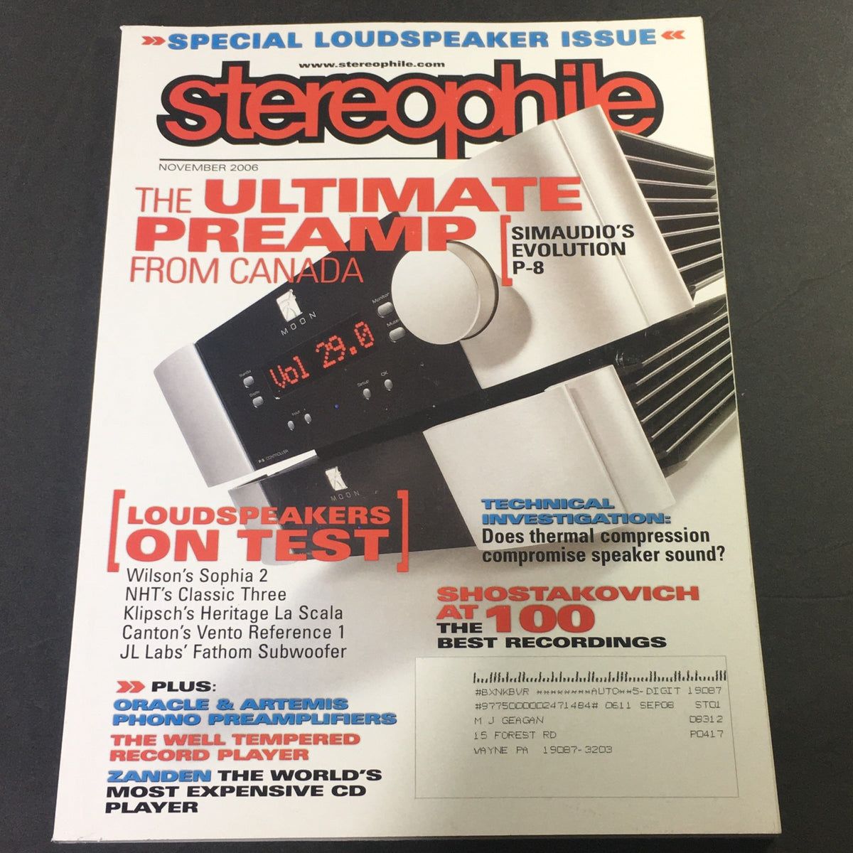 Cover of Stereophile Magazine November 2006 featuring the title "The Ultimate Preamp from Canada". The cover highlights the Wilson Sophia 2 and NHT Classic Three Speaker, showcasing cutting-edge audio technology.