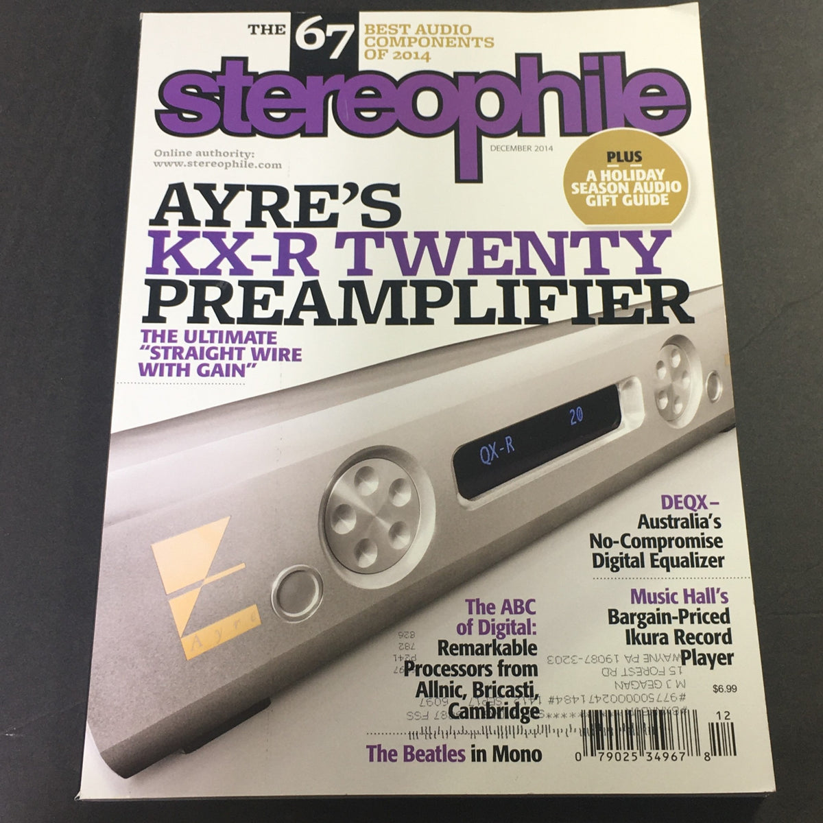 Stereophile Magazine December 2014 featuring Ayre KX-R Twenty Preamp on the cover, highlighting high-end audio equipment and technology.