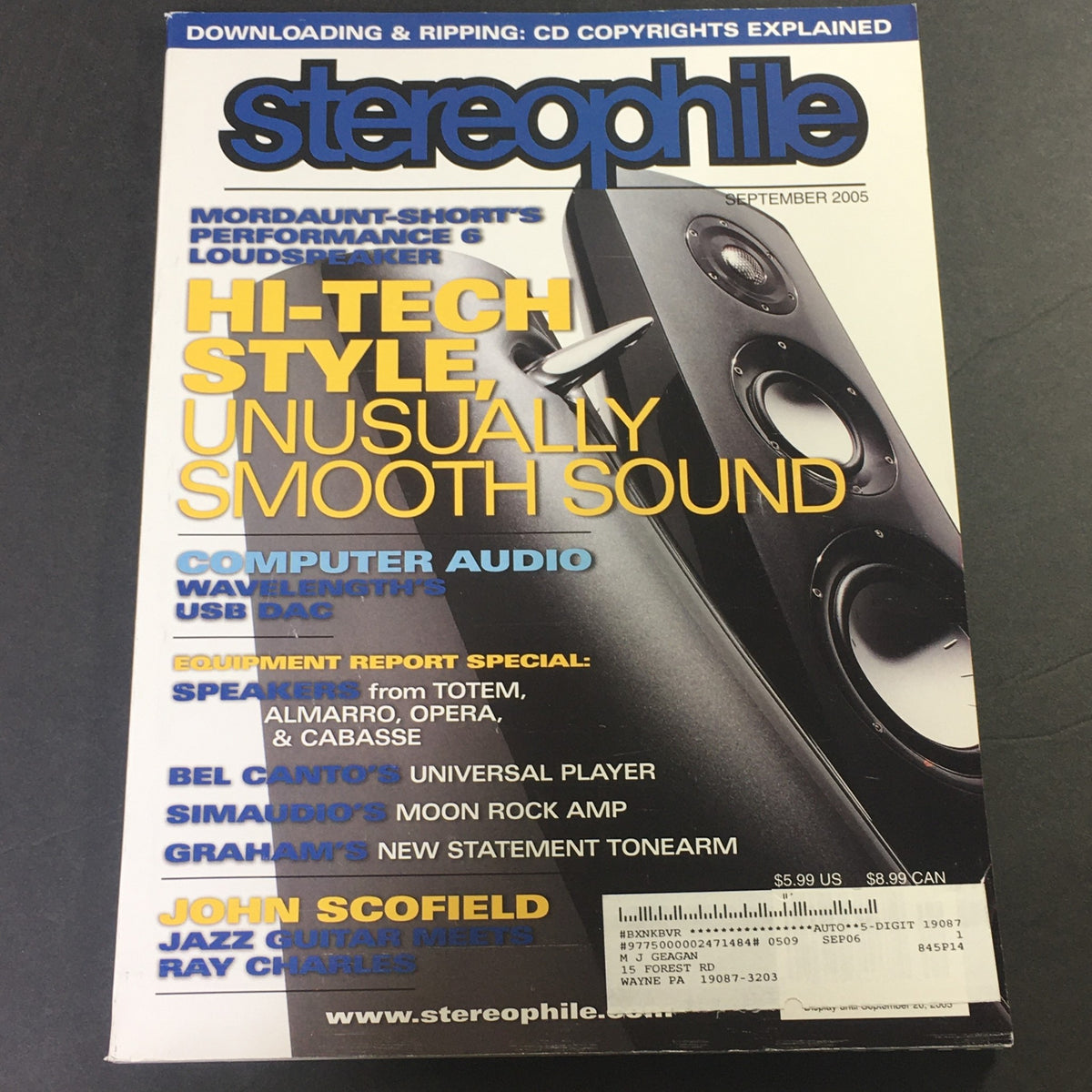 Cover of Stereophile Magazine from September 2005 featuring John Scofield on jazz guitar and a tribute to Ray Charles, highlighting the theme ‘Hi-Tech Style, Unusually Smooth Sound’.