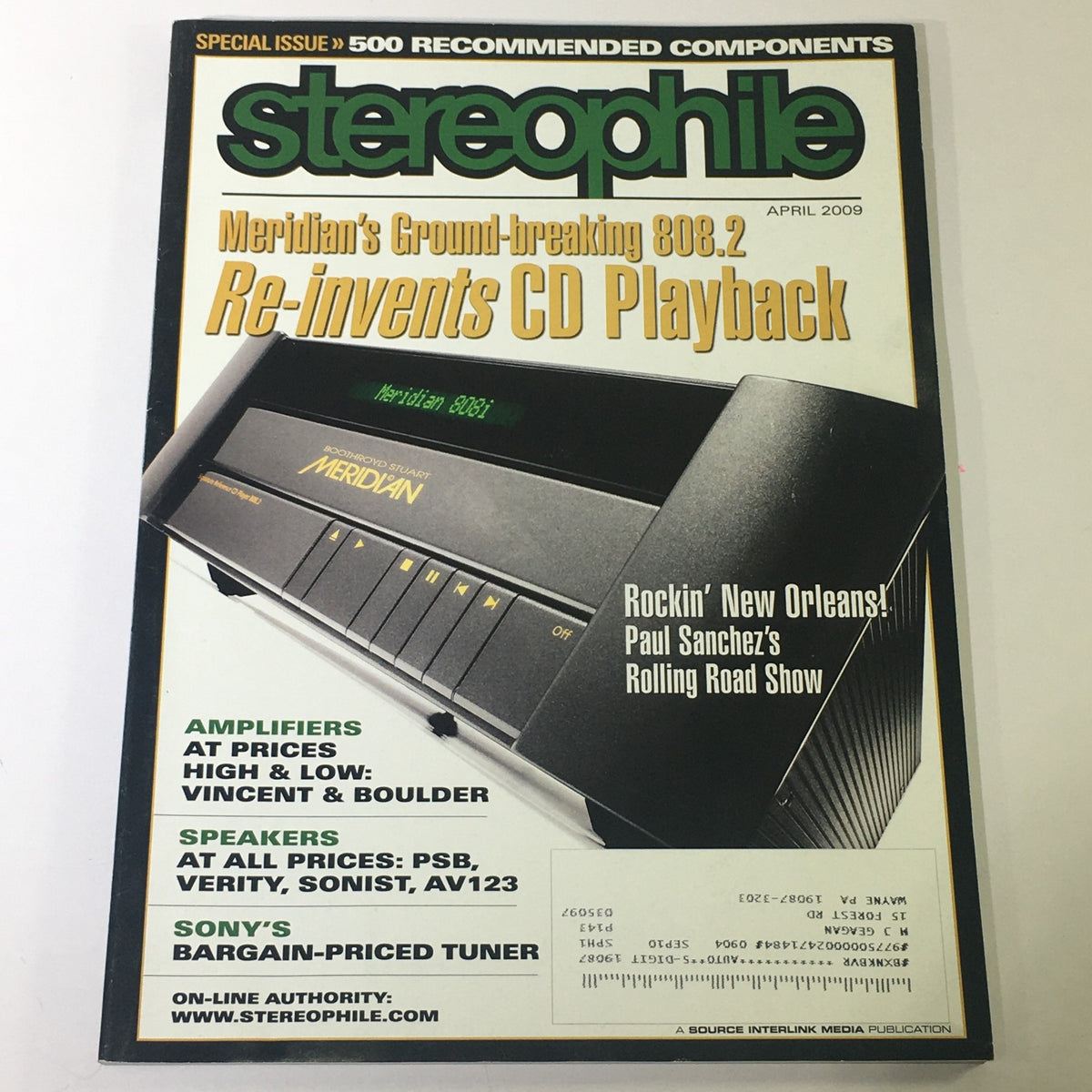 Cover of Stereophile Magazine from April 2009 featuring the title 'Stereophile Magazine April 2009 - Paul Sanchez Road Show / Vincent & Boulder AMP'. The cover showcases the Meridian 808.2 CD player and highlights articles on amplifiers, including Vincent and Boulder.