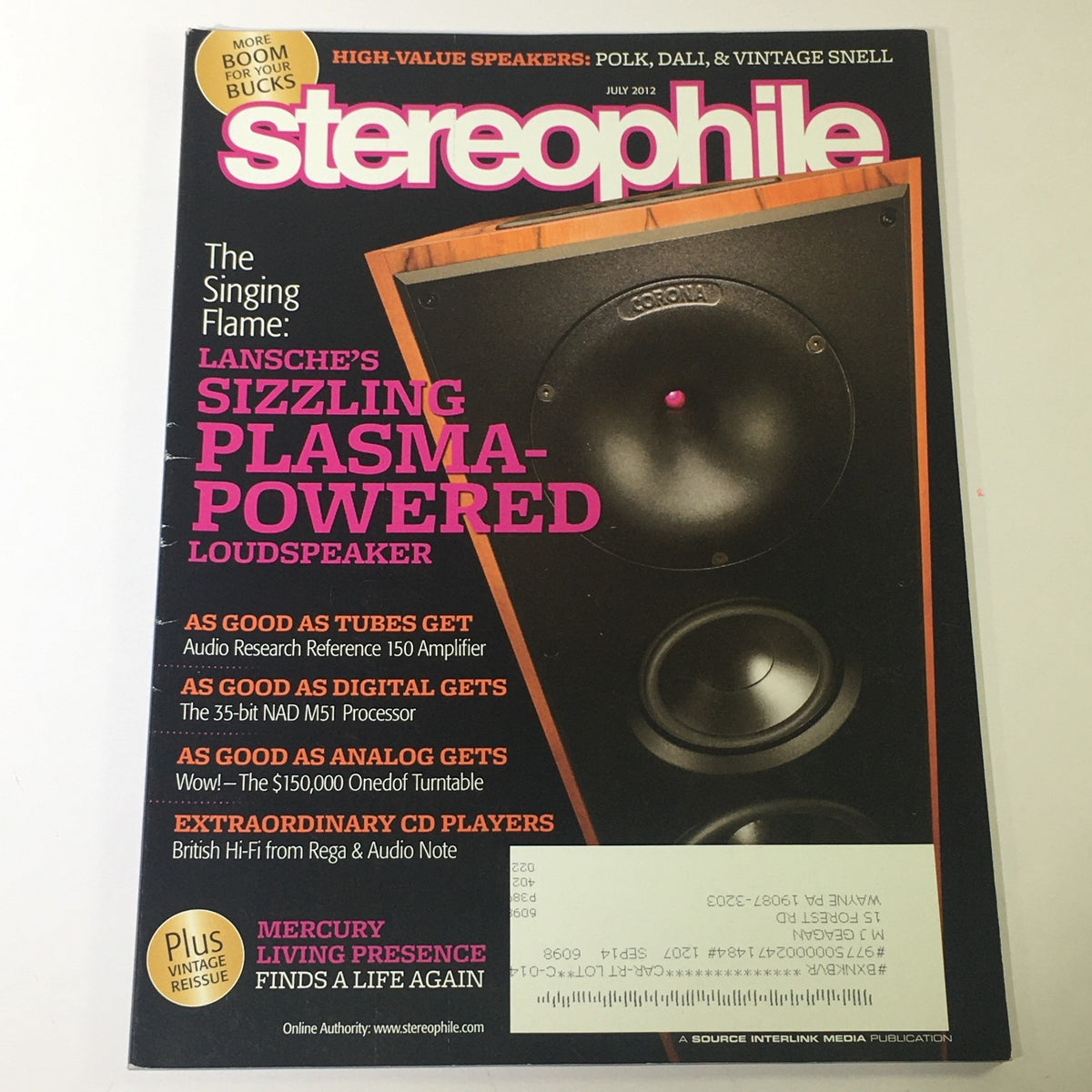 Cover of Stereophile Magazine July 2012 featuring the Lansche Plasma Speaker and 35-Bit NAD M51 Digital converter. Highlights include audio technology innovations and reviews.