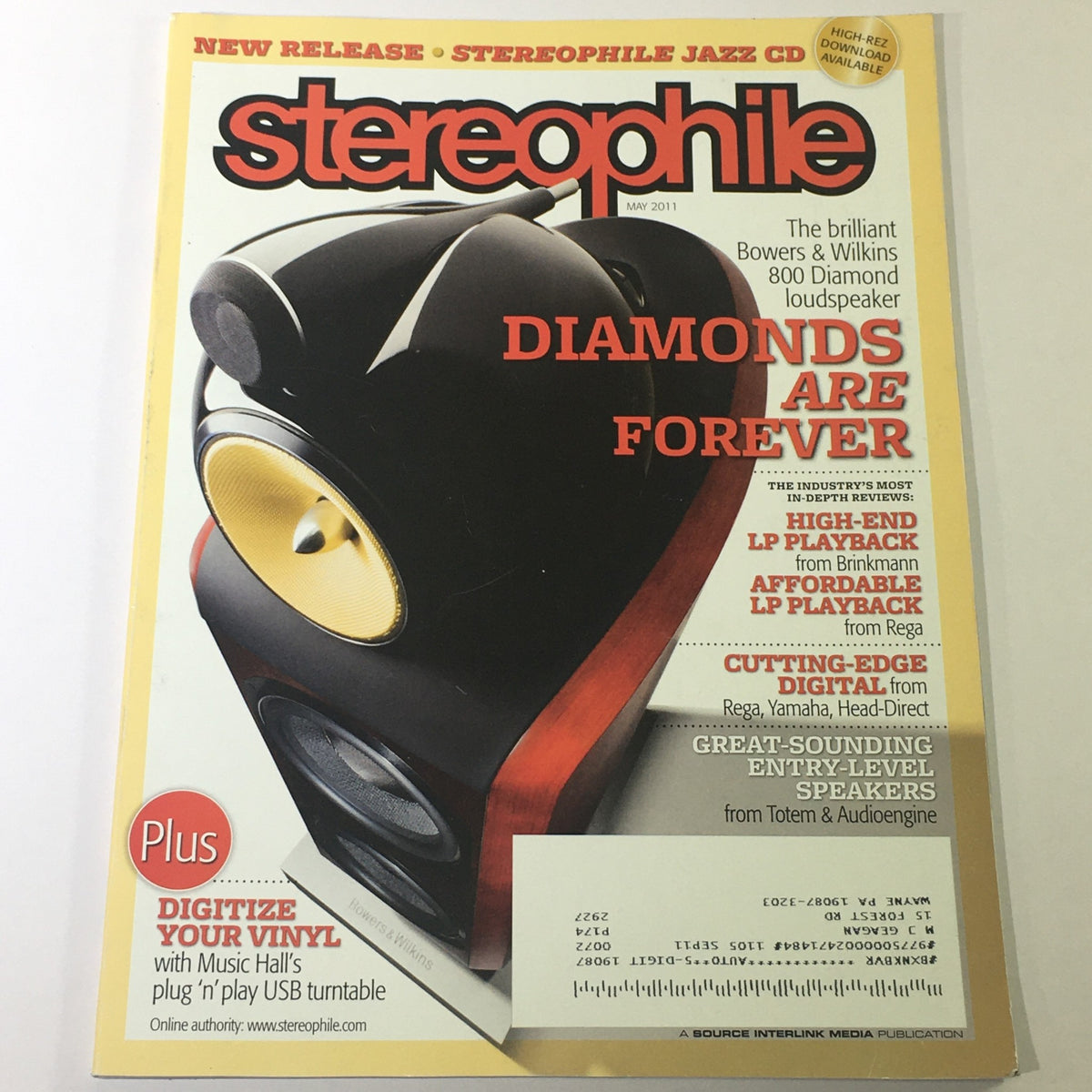 Cover of Stereophile Magazine May 2011 featuring Bowers & Wilkins 800 Diamond Loudspeaker, showcasing audio technology advancements.