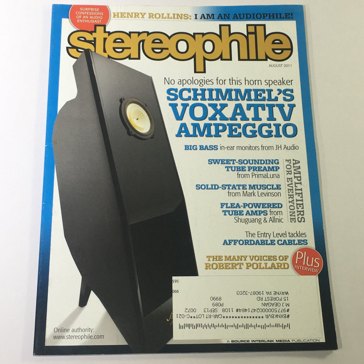 Cover of Stereophile Magazine August 2011, featuring Schimmel's Voxativ Ampeggio speaker and JH Audio Big Bass, showcasing high-end audio reviews.