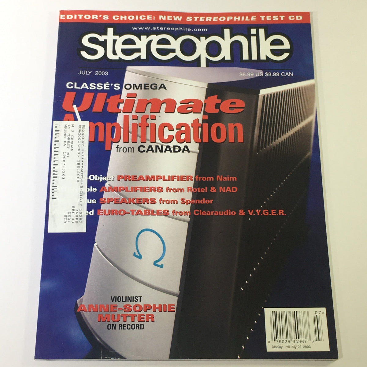 Cover of Stereophile Magazine July 2003 featuring Classe's Omega AMP, Naim Pre AMP, and NAD AMP, showcasing high-performance audio equipment and highlighting influential reviews in audio technology.