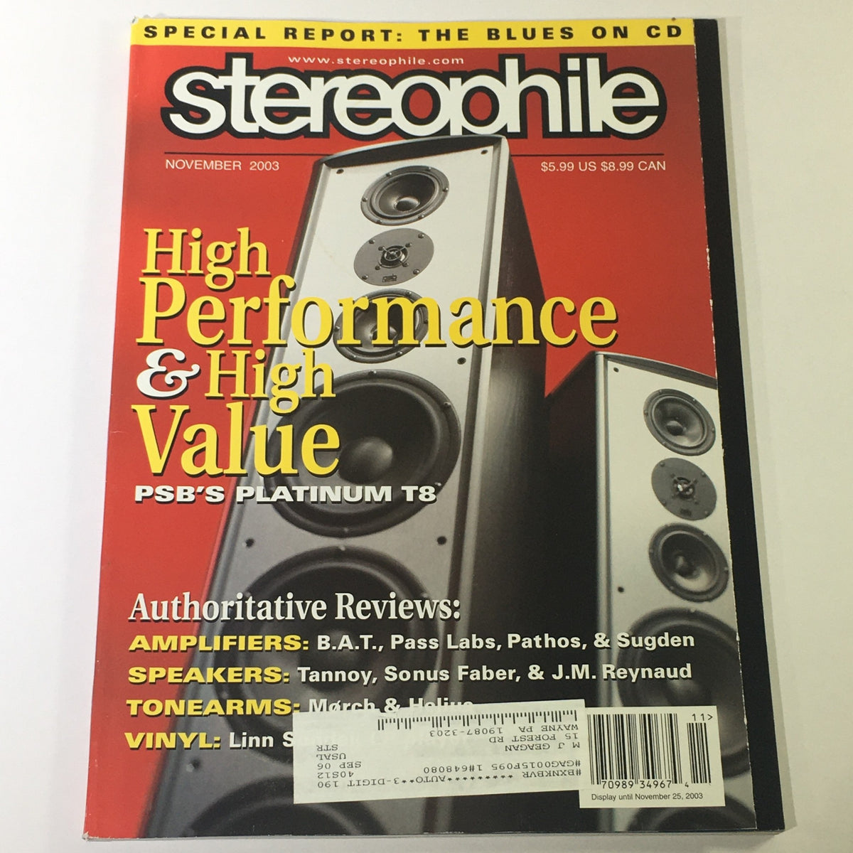 Cover of Stereophile Magazine November 2003 featuring the PSB Platinum T8 speaker system and articles on Pass Labs and Pathos amplifiers. High Performance & High Value theme highlighted.