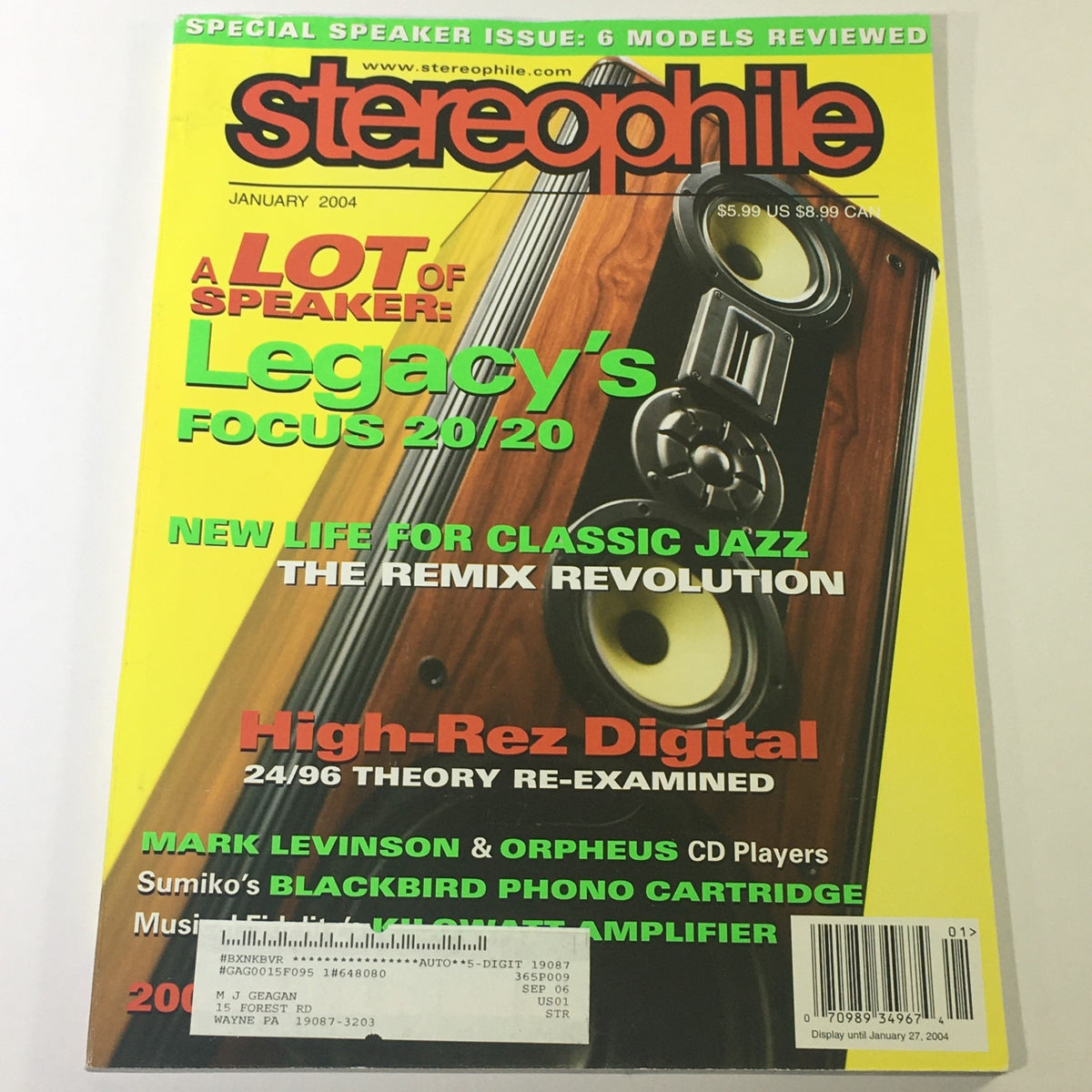 Stereophile Magazine January 2004 featuring Legacy Focus 20/20 speakers and Mark Levinson CD Player on the cover, highlighting audio technology and vintage sound experience.