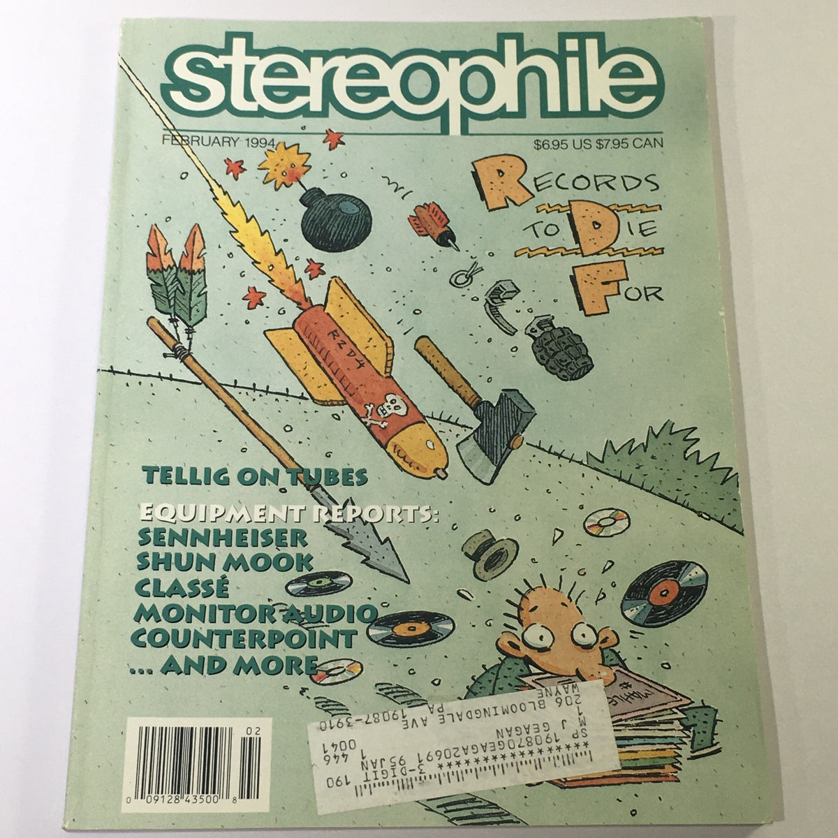 Cover of Stereophile Magazine from February 1994 featuring cartoons and headlines about audio equipment reports including Sennheiser, Shun Mook, and Classe. A collectible item for audio enthusiasts.