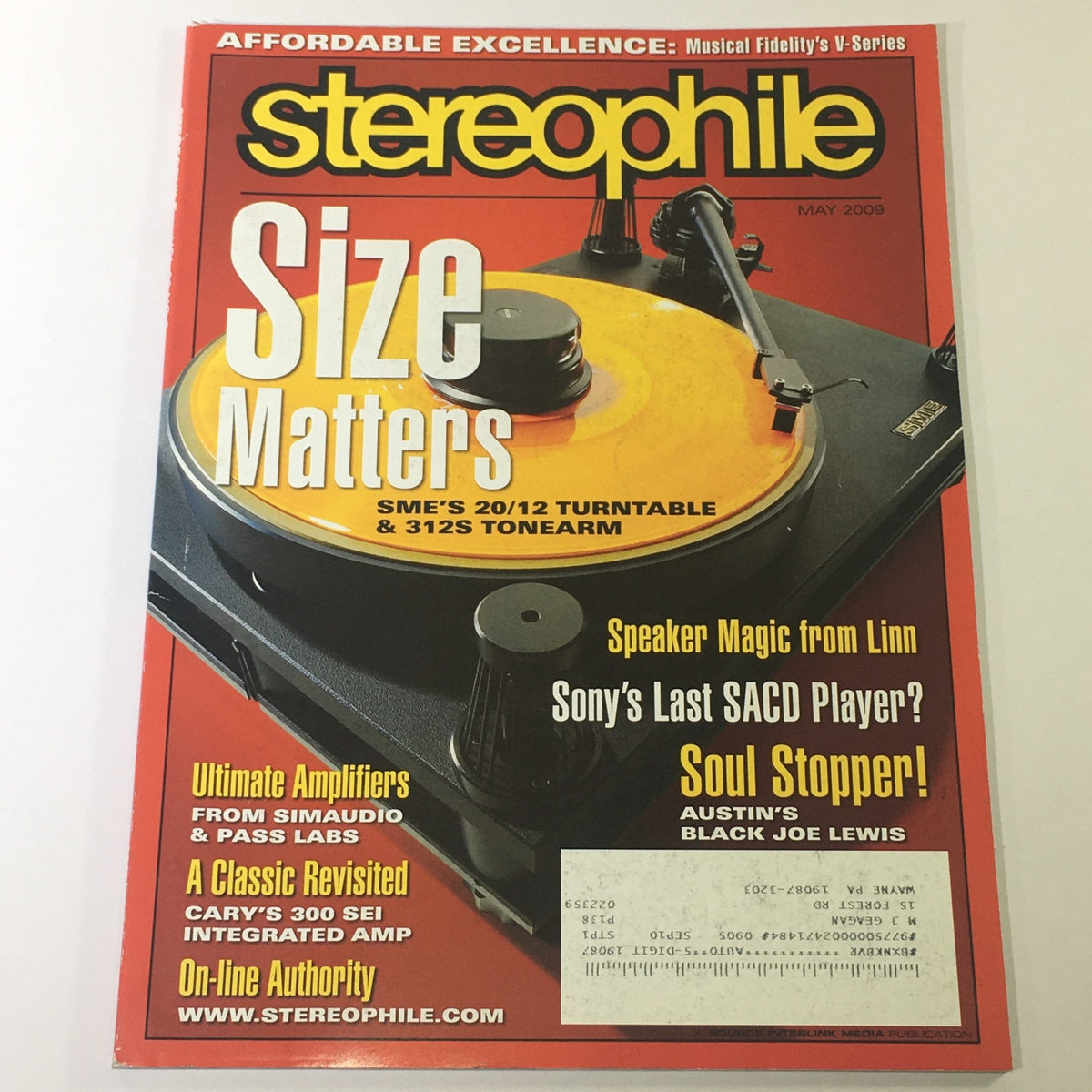 Cover of Stereophile Magazine May 2009 featuring SME 20/12 Turntable and 31S Tonearm, highlighting audio technology and Linn Speakers.