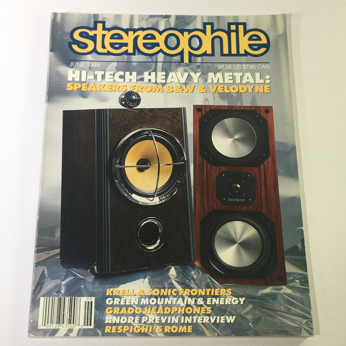 Cover of Stereophile Magazine June 1994 featuring Bowers & Wilkins and Velodyne speakers, with reviews on Krell Sonic Frontiers. The cover emphasizes high-quality audio technology and offers insights into the audiophile market.