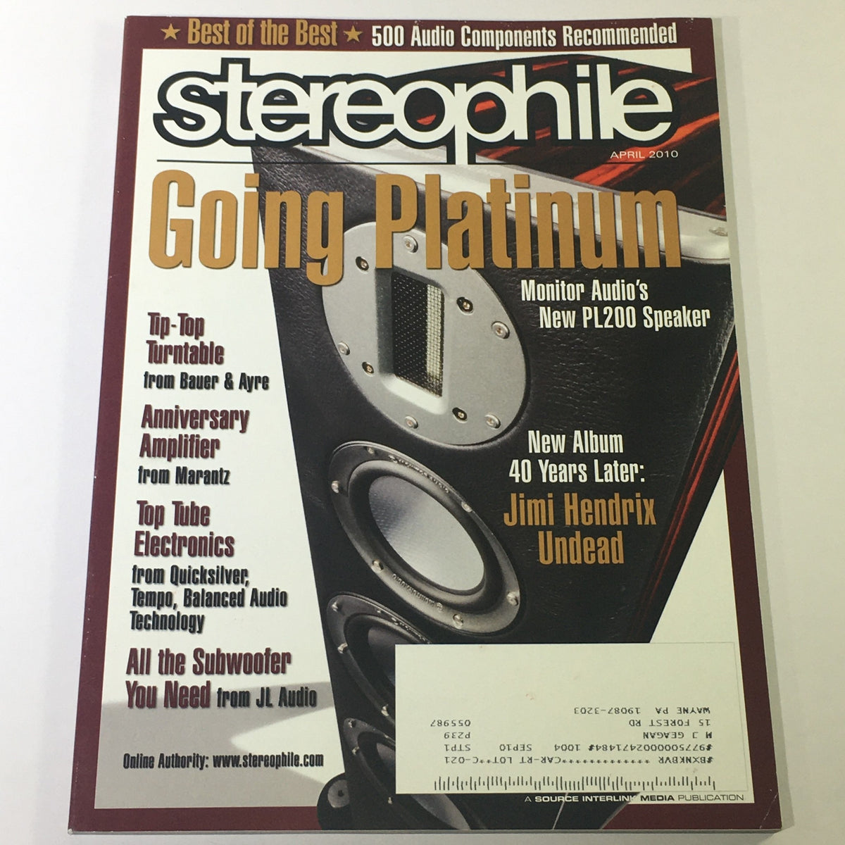 Cover of Stereophile Magazine April 2010 featuring Monitor Audio's PL200 Speaker and Marantz Amplifier. The magazine highlights top audio components with a focus on high-end sound equipment.