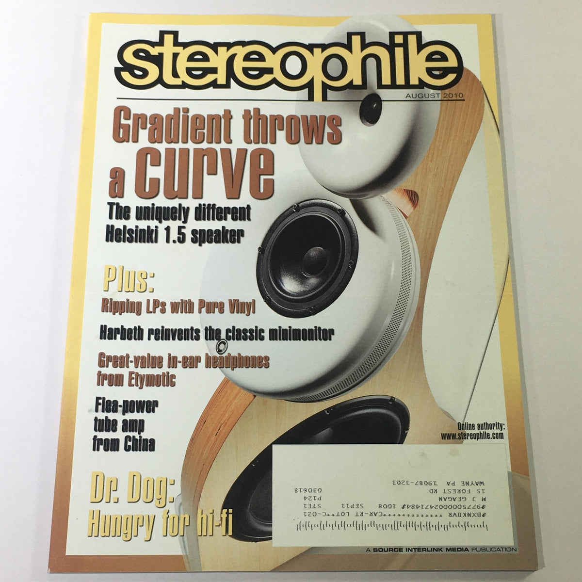 Cover image of Stereophile Magazine August 2010 featuring the Helsinki 1.5 Speaker and Dr. Dog article titled Hi-Fi Hungry. The magazine highlights audio technology and music culture.
