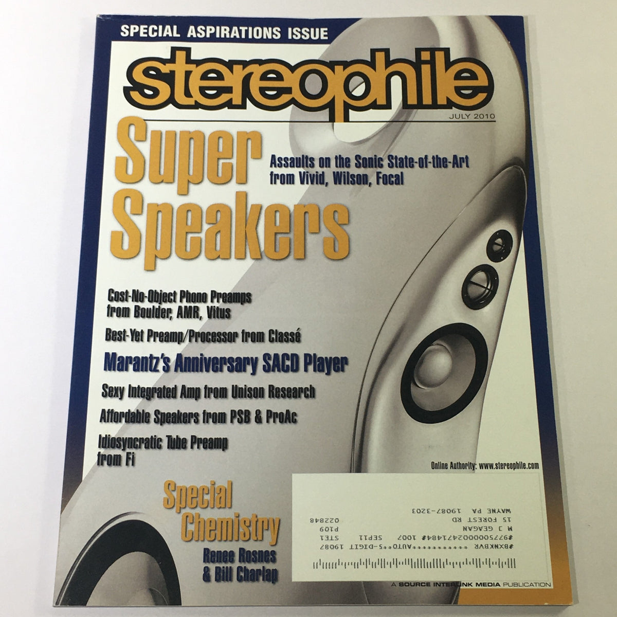 Cover of Stereophile Magazine July 2010 featuring the title 'Super Speakers', highlighting the Marantz SACD Player and Idiosyncratic Tube PreAMP, perfect for audiophiles and vintage magazine collectors.