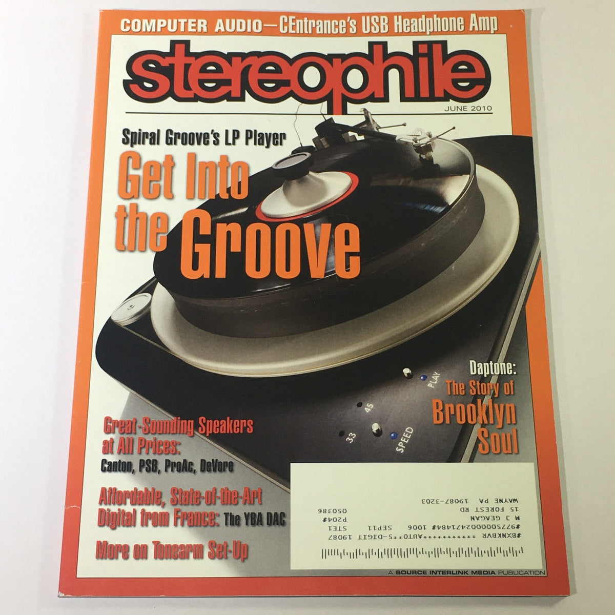 Cover of Stereophile Magazine June 2010 featuring a turntable, highlighting articles on audio excellence including topics on great speakers from brands like Canton, PSB, ProAC, and DeVore.