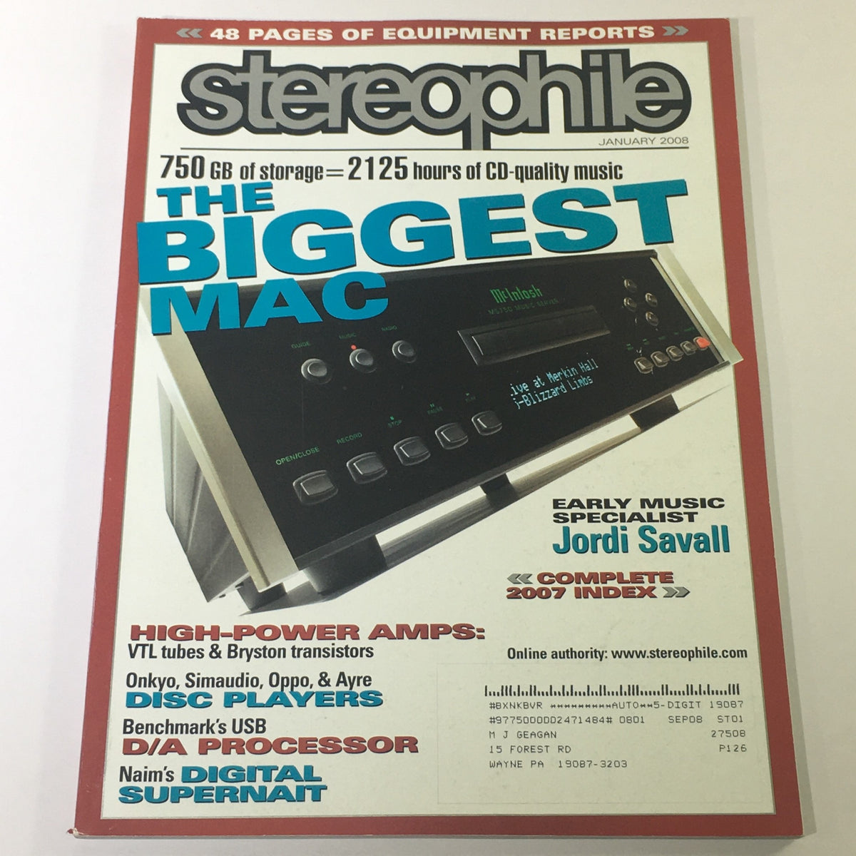 Cover of Stereophile Magazine January 2008 featuring early music specialist Jordi Savall, highlighting audio equipment reviews and features.