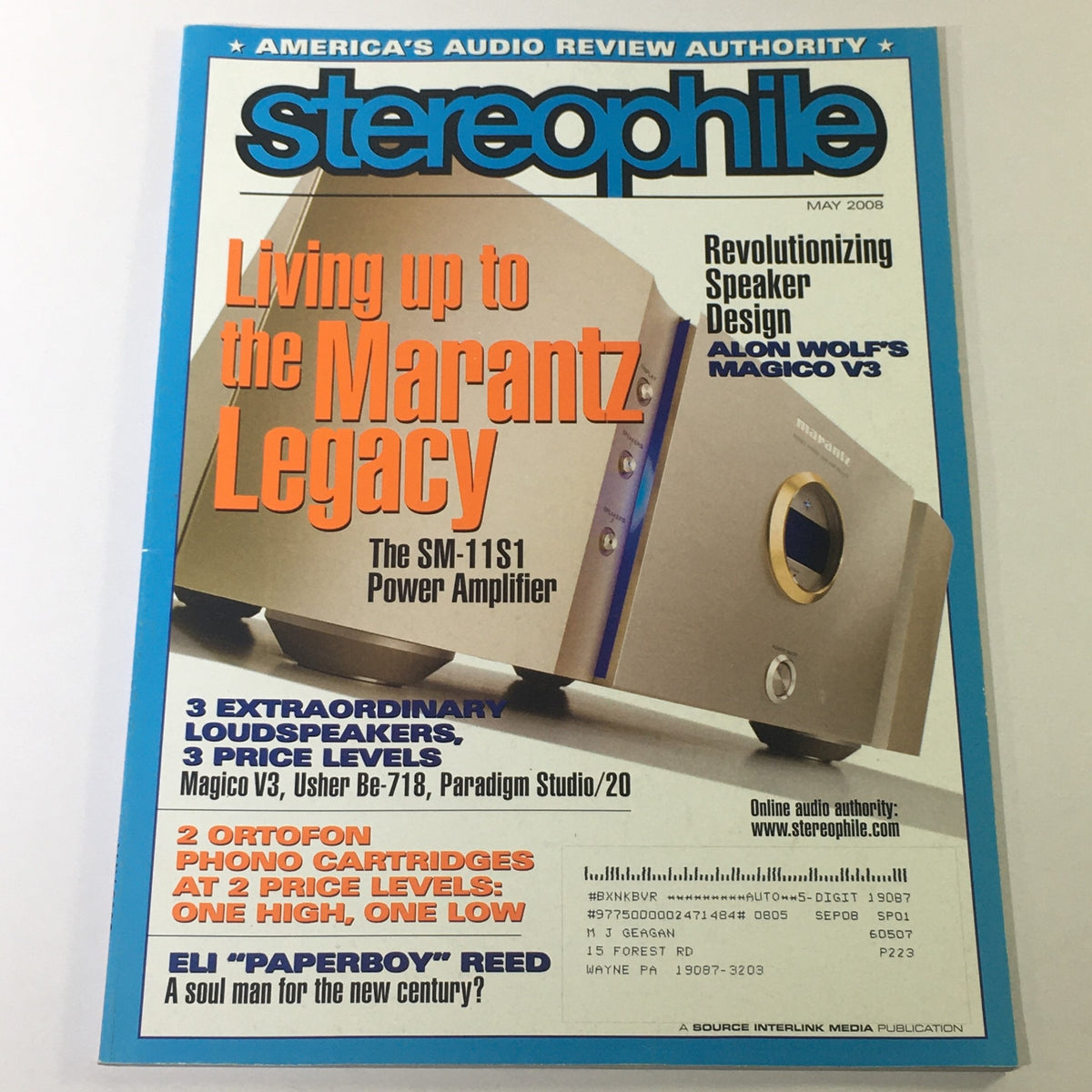 Cover of Stereophile Magazine May 2008 featuring Alon Wolf's Magico V3 Speaker and SM-11S1 Amplifier, showcasing audio technology insights and vintage magazine appeal for audiophiles and collectors.