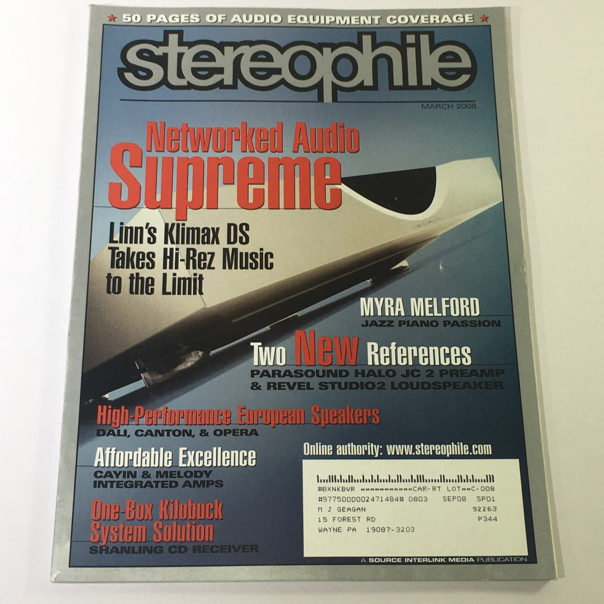 Stereophile Magazine March 2008 issue featuring a cover image that highlights the Linn Klimax DS Network Audio and jazz pianist Myra Melford. The magazine showcases audio equipment coverage and advancements in high-fidelity audio technology.