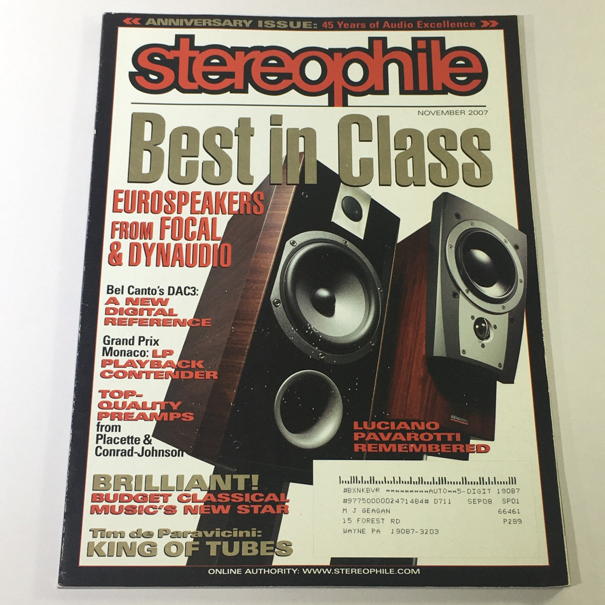 Cover of Stereophile Magazine, November 2007 featuring Luciano Pavarotti and the Bel Canto DAC3, showcasing audio equipment and articles on classical music.