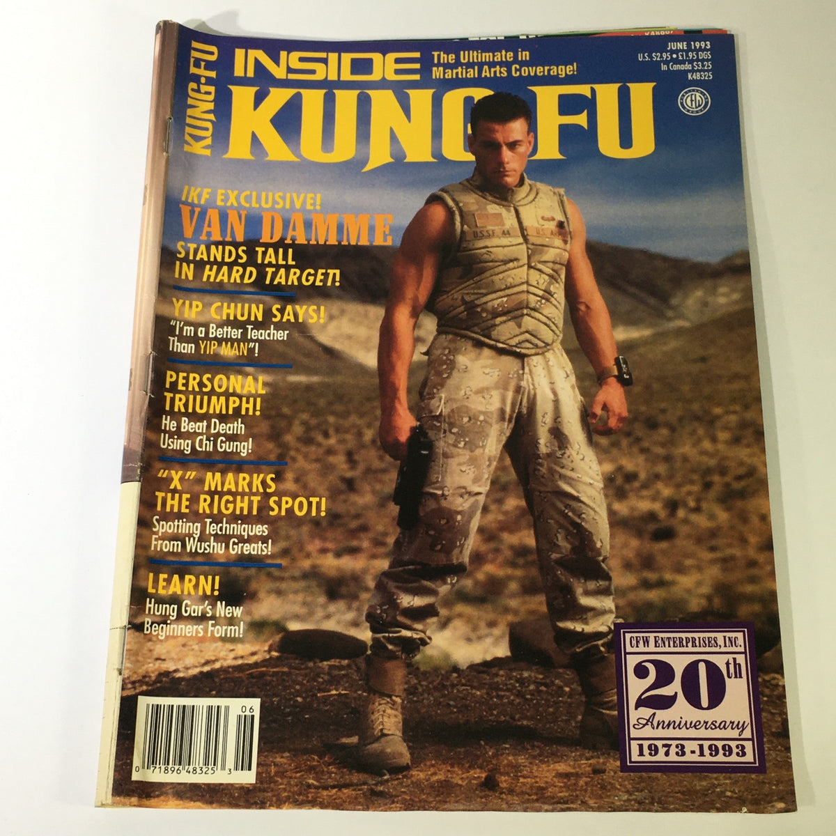 Cover of Inside Kung-Fu Magazine June 1993 featuring Jean-Claude Van Damme in a military outfit, with headlines about Van Damme's film Hard Target and an exclusive interview with Yip Chun. This vintage magazine highlights martial arts culture and techniques from the early 1990s.