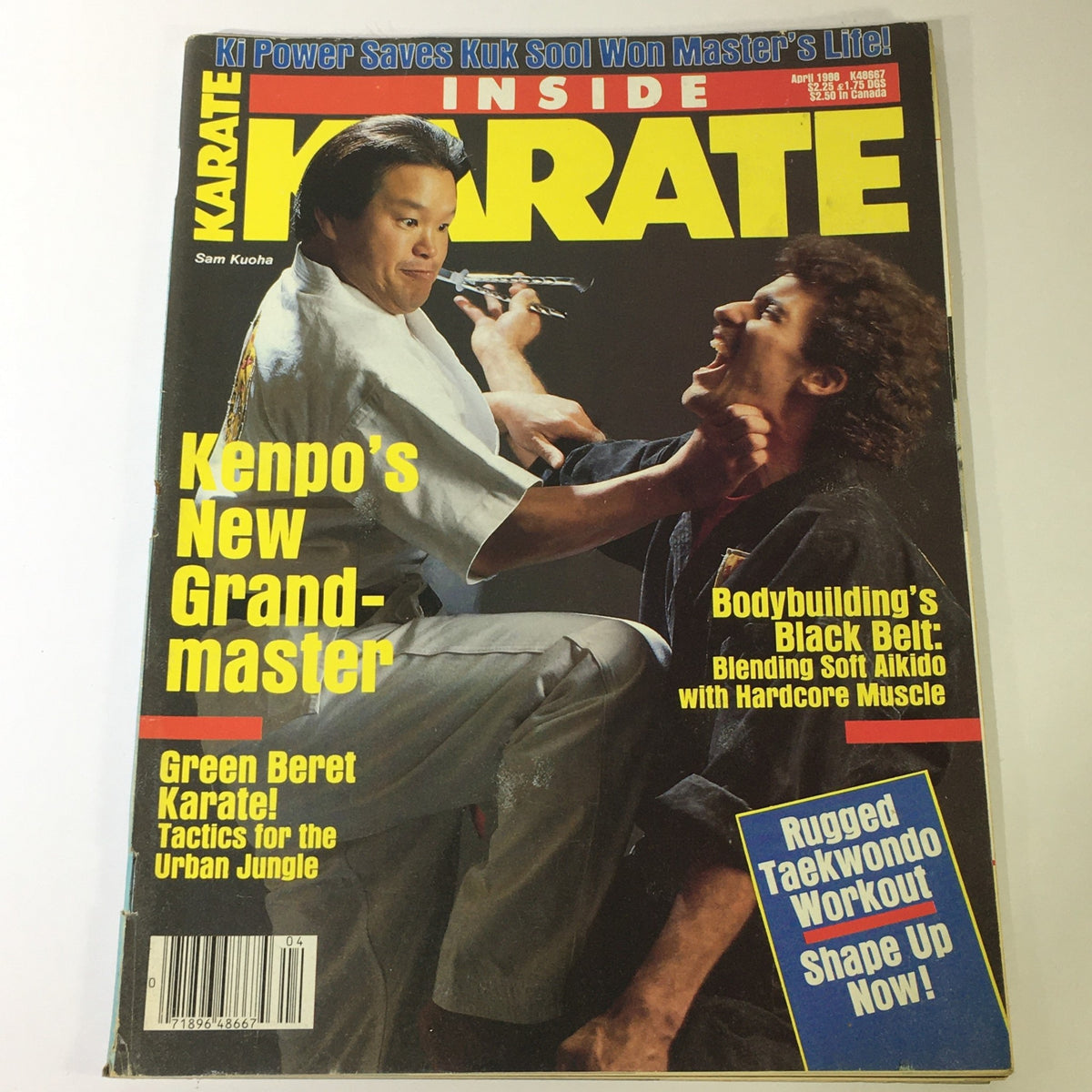 Vintage Inside Karate Magazine from April 1988 featuring Kenpo's New Grand-master Sam Kuoha on the cover, showcasing martial arts techniques and culture.
