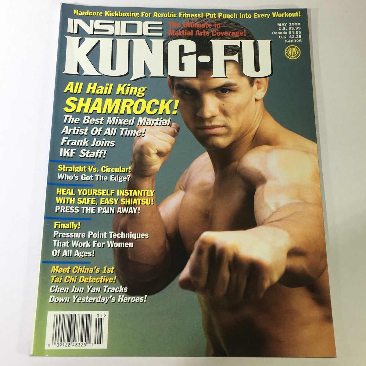 Cover of Inside Kung Fu Magazine May 1999 featuring Ken Shamrock, highlighting articles on martial arts techniques and wellness, with bold headlines and vibrant colors.