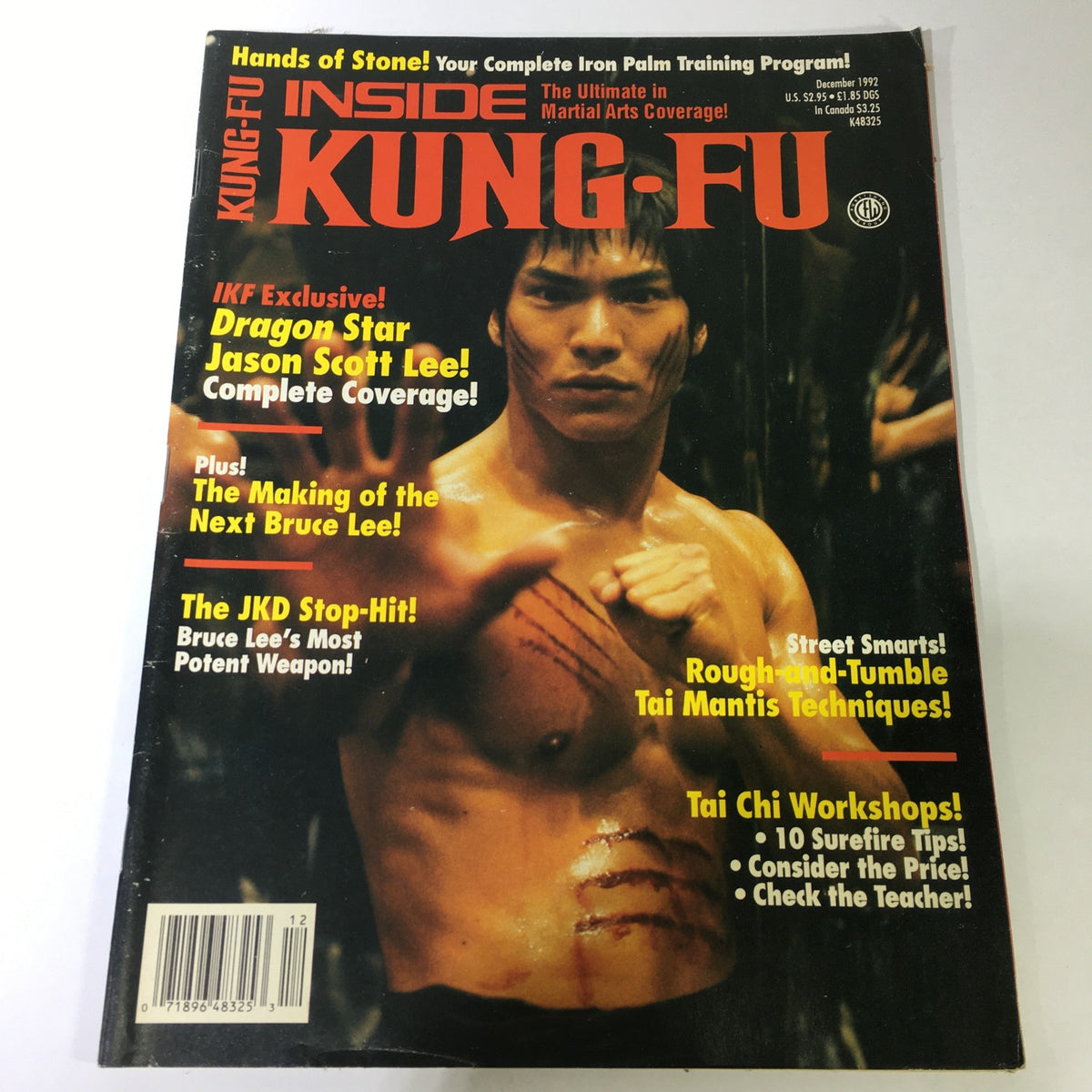 Inside Kung Fu Magazine December 1992 featuring Jason Scott Lee as the Next Bruce Lee; cover includes martial arts photography, headlines about training techniques, and exclusive interviews.