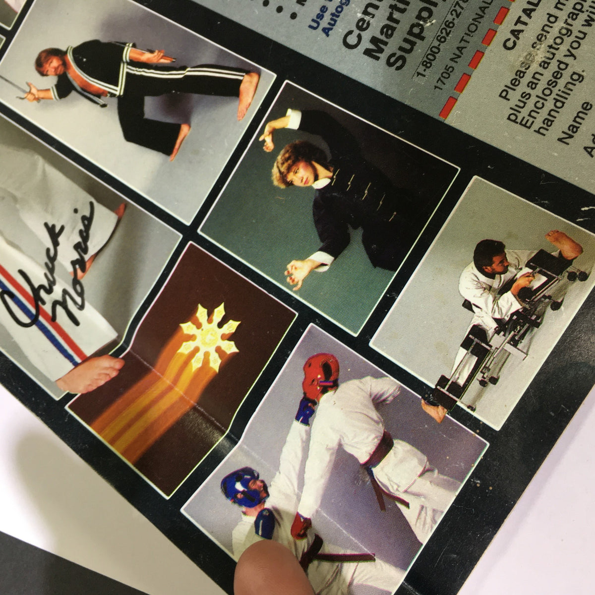 Collage of martial arts images from Karate Kung Fu Illustrated Magazine June 1990 featuring action poses and training techniques, including an image of Chuck Norris and other martial artists showcasing their skills.