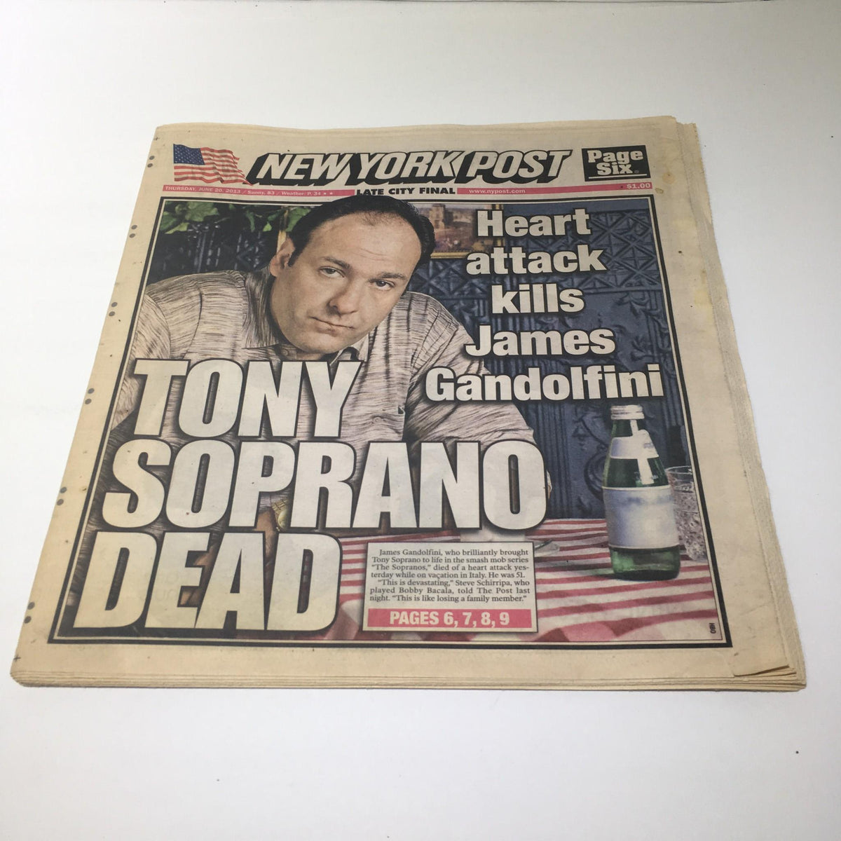 NY Post front page on June 20, 2013, headlines "Heart Attack Kills James Gandolfini" and features a prominent image of actor James Gandolfini, known for his role as Tony Soprano.